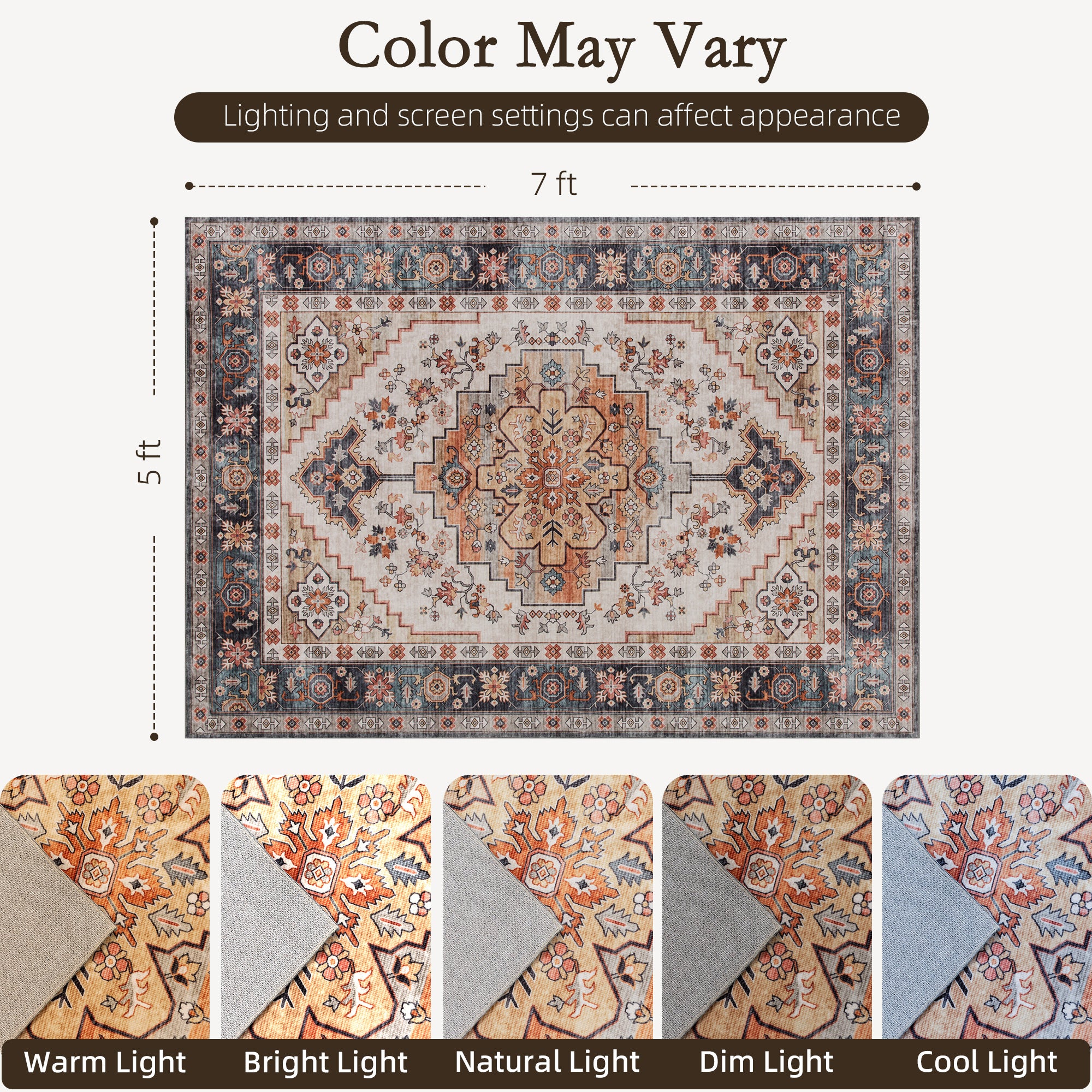 Area Rug 5x7, Machine Washable Rug, Non-Slip Boho Print Pattern Medallion Carpet for Living Room, Bedroom, Tawny Brown