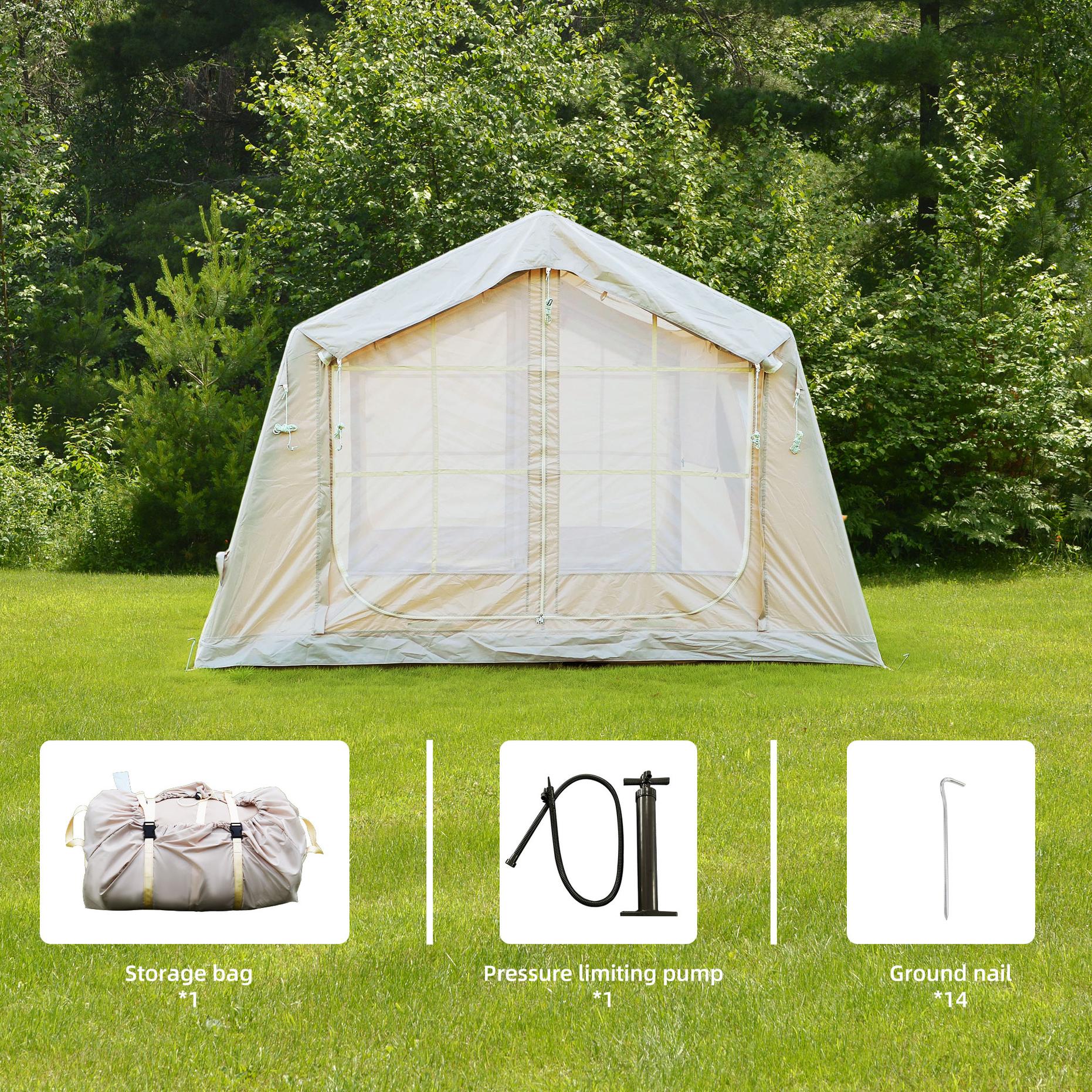 Upgrade Inflatable Camping Tent with Higher Sidewalls, 4-Season Waterproof Family Tent with Stove Jack, 126″ L x 98.5″ W x 82.5″ H, Beige