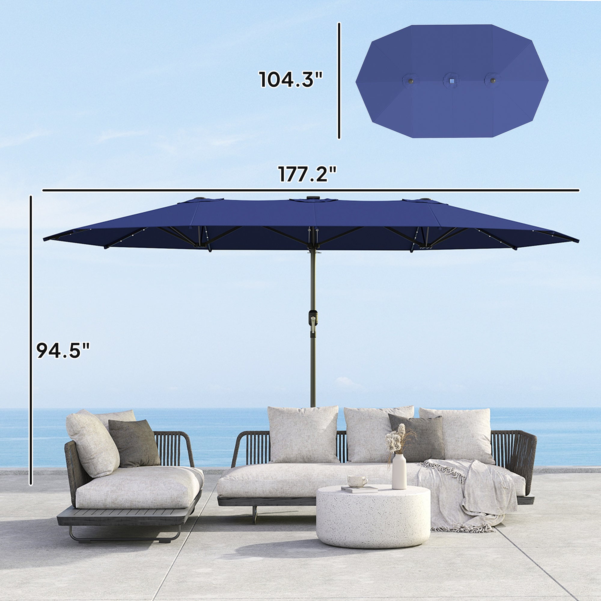 Garden Parasol, Double-Sided Sun Umbrella with LED Solar Lights, Patio Parasol for Outdoor, Navy Blue