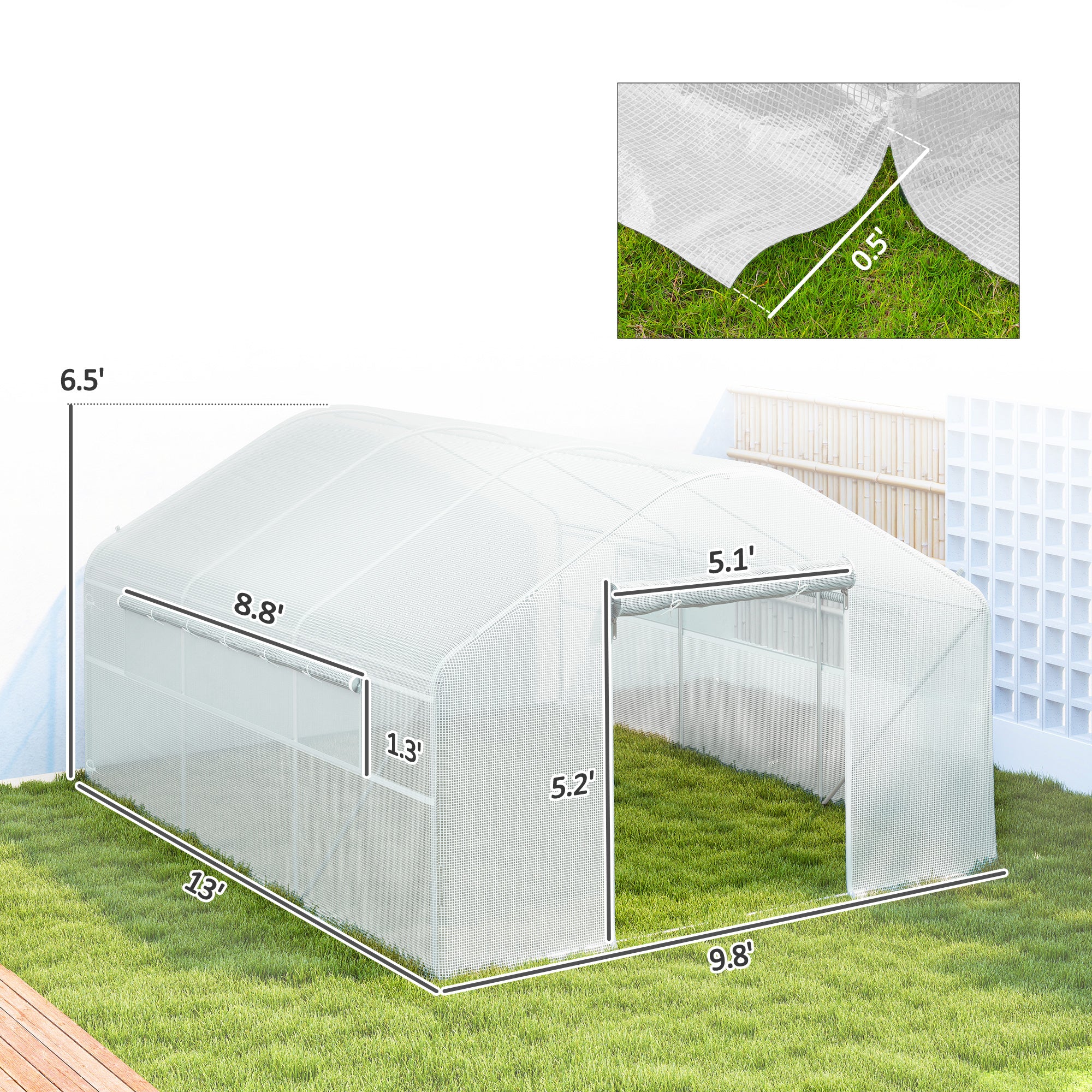 13' x 10' x 6.5' Tunnel Greenhouse Hoop House with Upgraded Galvanized Steel Frame and Large Windows, White