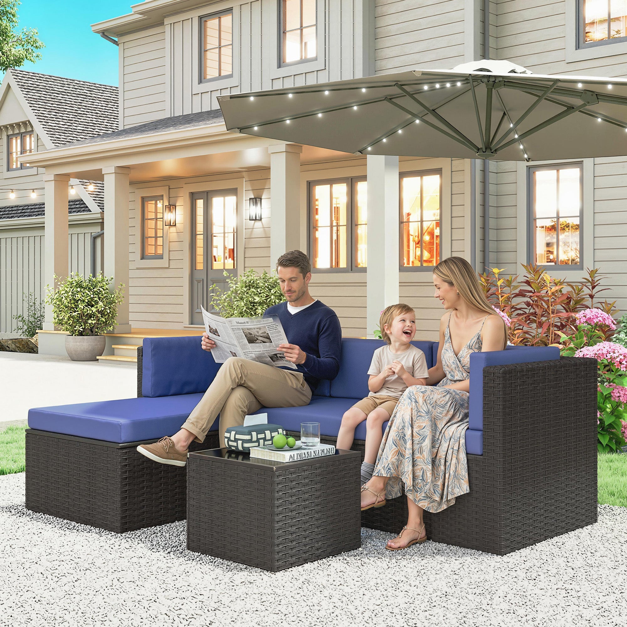 3 Piece Patio Furniture Set, Wicker Outdoor Patio Conversation Furniture Set with Cushions, Glass Top Table, Navy Blue