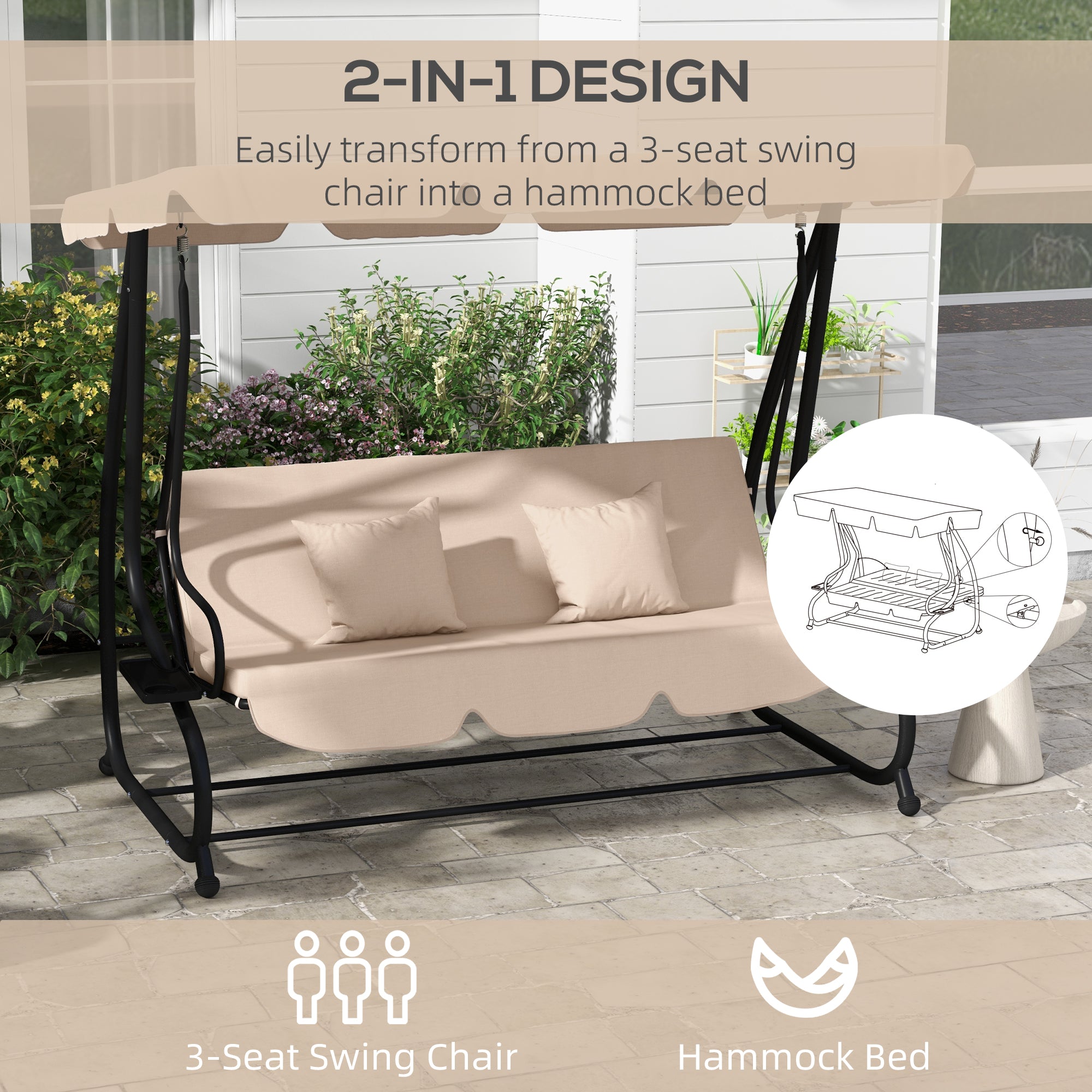 Free Standing Swing Bench, Porch Swing with Stand, Adjustable Canopy, Cushion and Pillows, Ecru