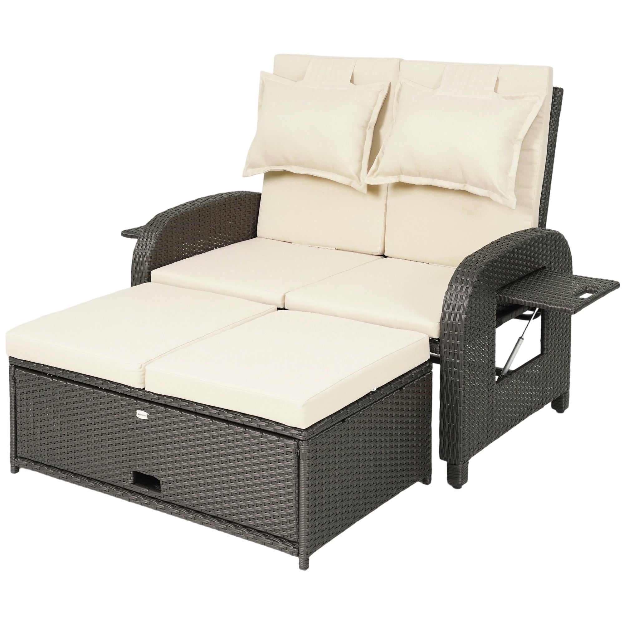 Patio Rattan Daybed, Wicker Outdoor Daybed with Storage Ottoman, Loveseat w/ Adjustable Backrest, Beige
