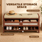 Shoe Bench with Cushioned Seat Shoe Storage Bench with 2 Rattan Drawers and Open Shelf Brown