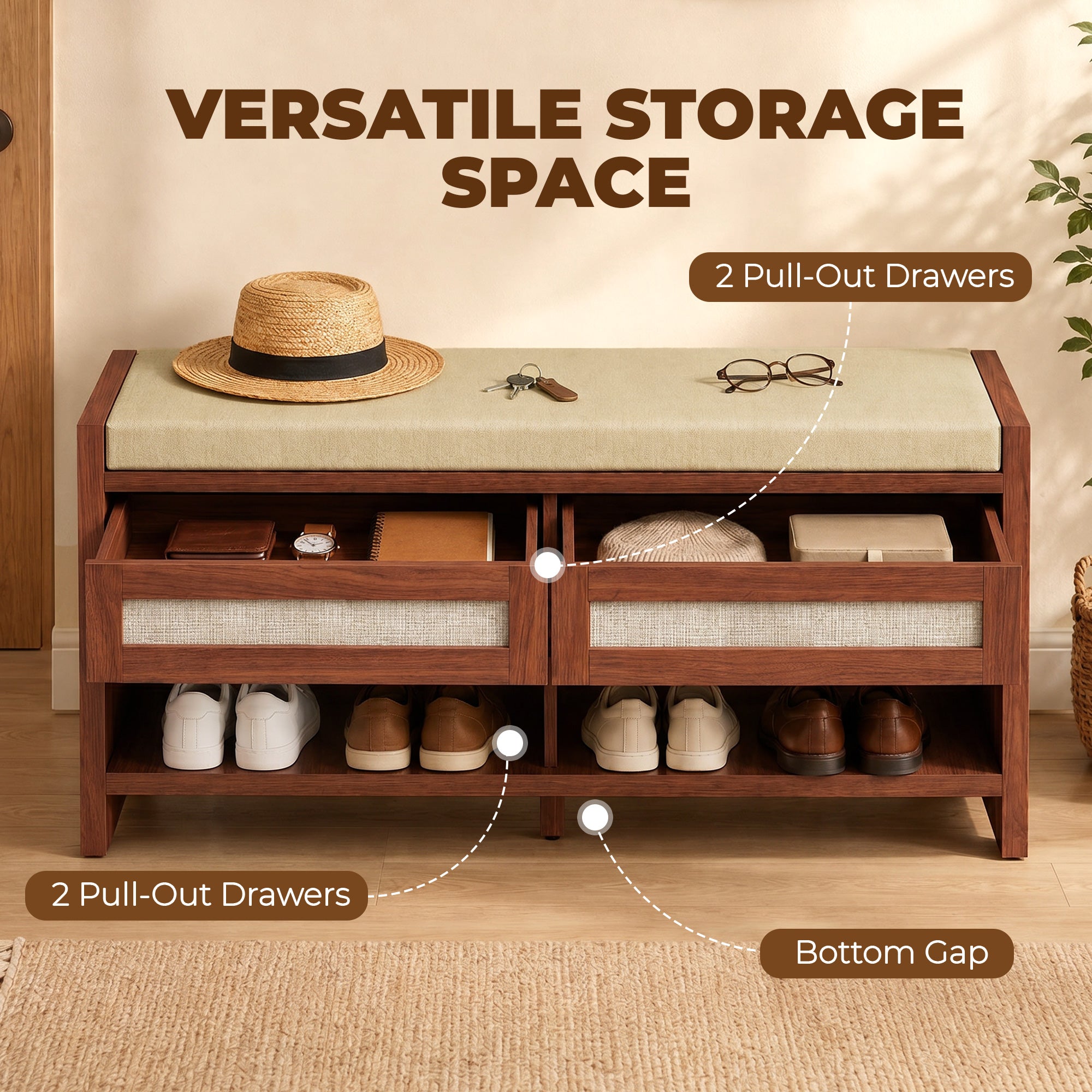 Shoe Bench with Cushioned Seat Shoe Storage Bench with 2 Rattan Drawers and Open Shelf Brown