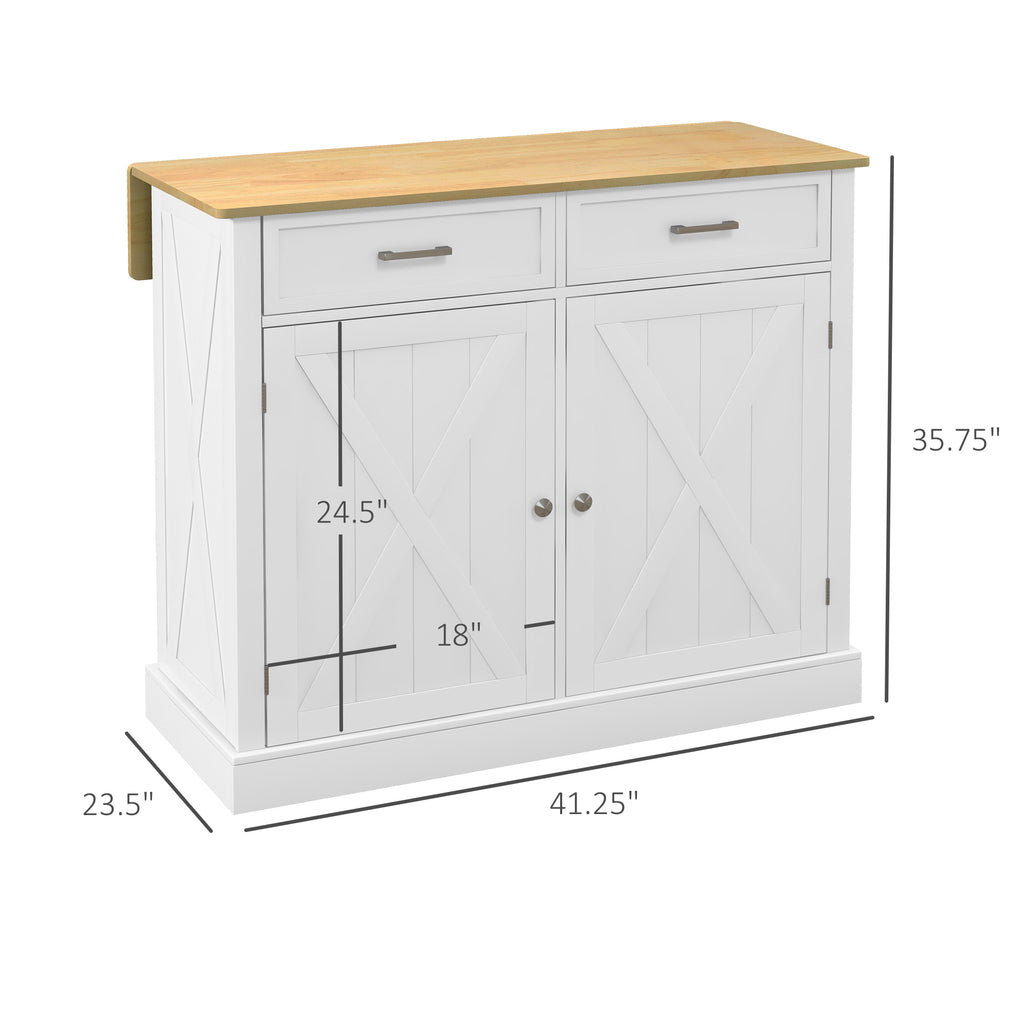 Rolling Kitchen Island with Drop Leaf Wood Breakfast Bar, Farmhouse Kitchen Cart with 2 Drawers, Adjustable Shelves for Dining Room, White