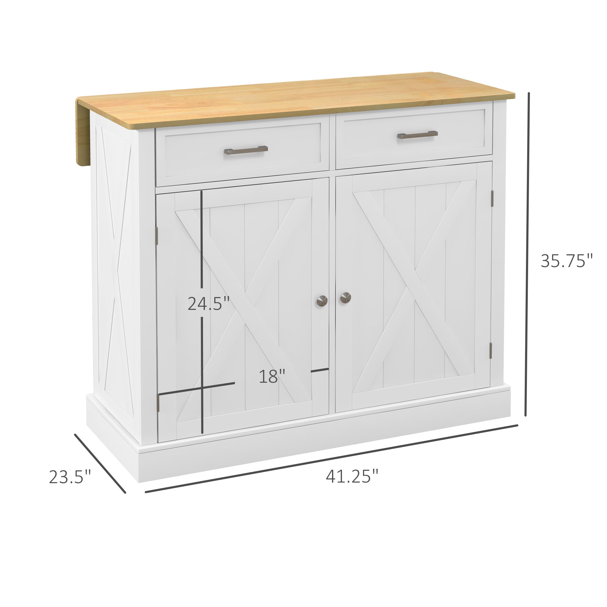 Rolling Kitchen Island with Drop Leaf Wood Breakfast Bar, Farmhouse Kitchen Cart with 2 Drawers, Adjustable Shelves for Dining Room, White