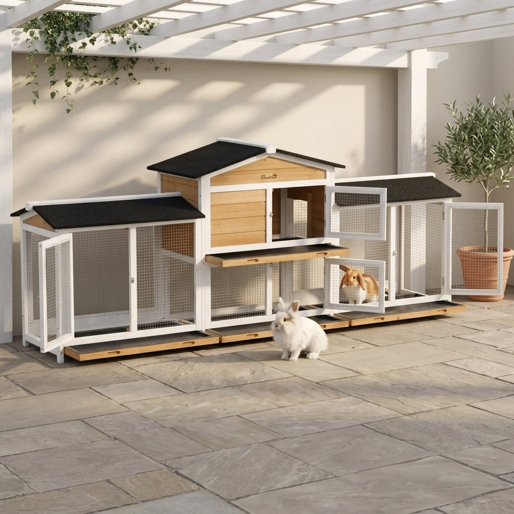 90.5" Wooden Rabbit Hutch Bunny Cage Pet Playpen House Enclosure with Double Side Run Boxes, No Leak Tray, Ramp, for Rabbits, Chickens, Ducks, Guinea Pig and Small Animals, White