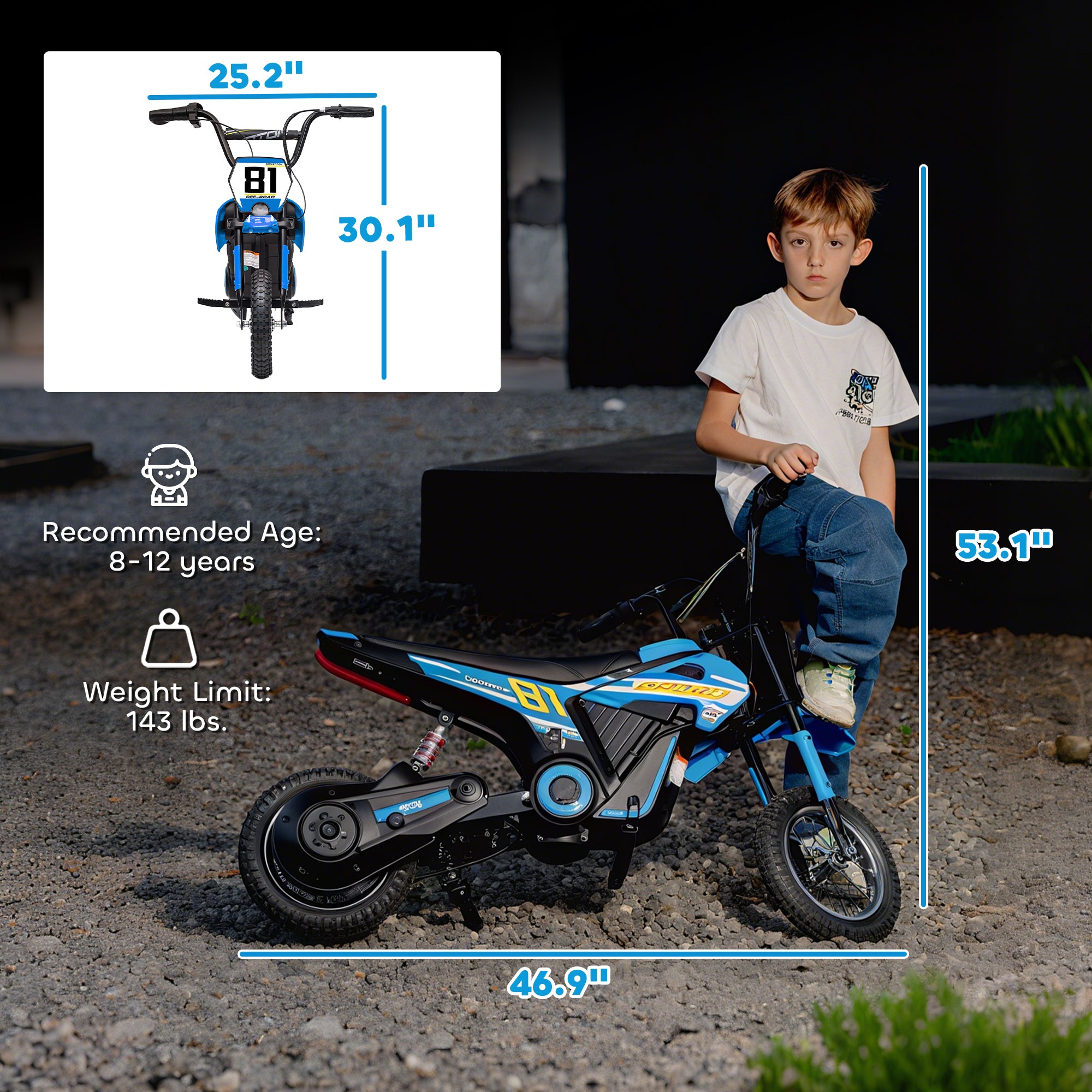 24V Kids Motorcycle, Electric Dirt Bike with 250W Motor, Up to 9.9 MPH, 12" Inflatable Tires and Rear Suspension, Blue