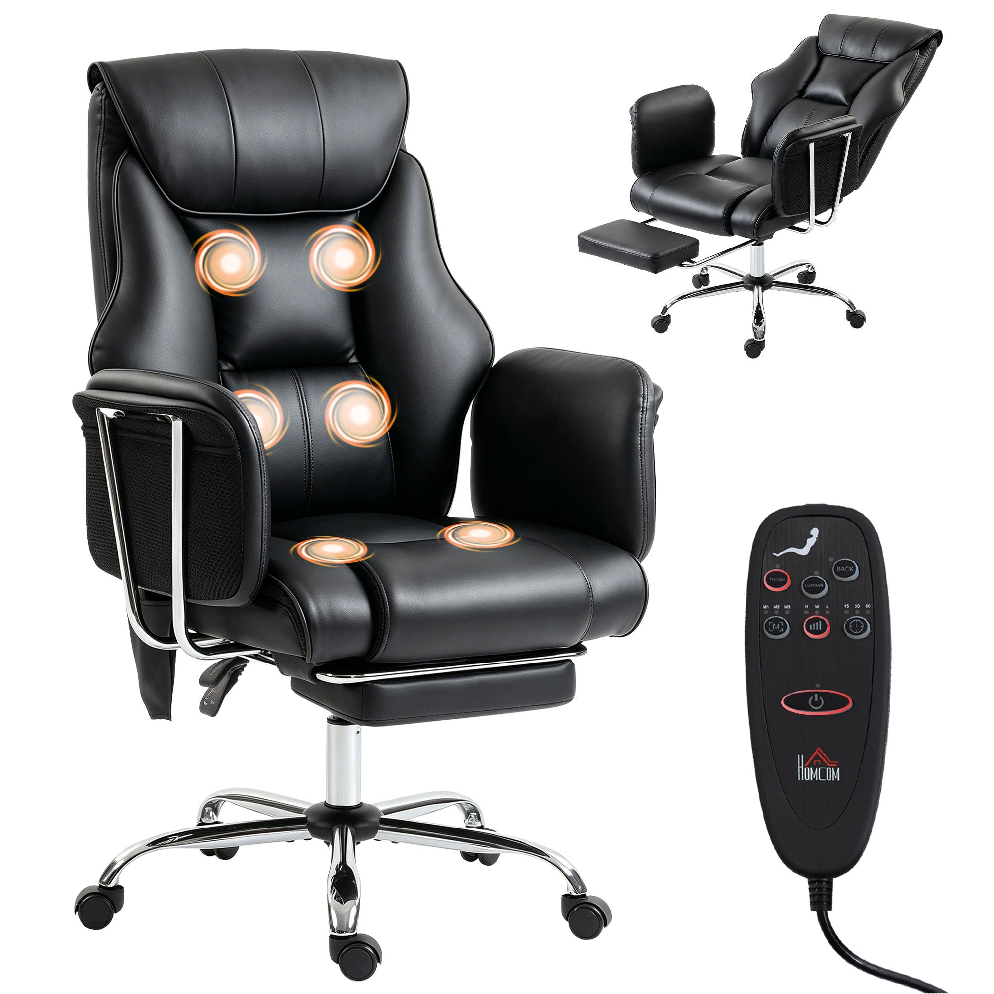 Massage Office Chair with 6 Points Vibration, Executive Desk Chair with High Back, PU Leather, Footrest, Black
