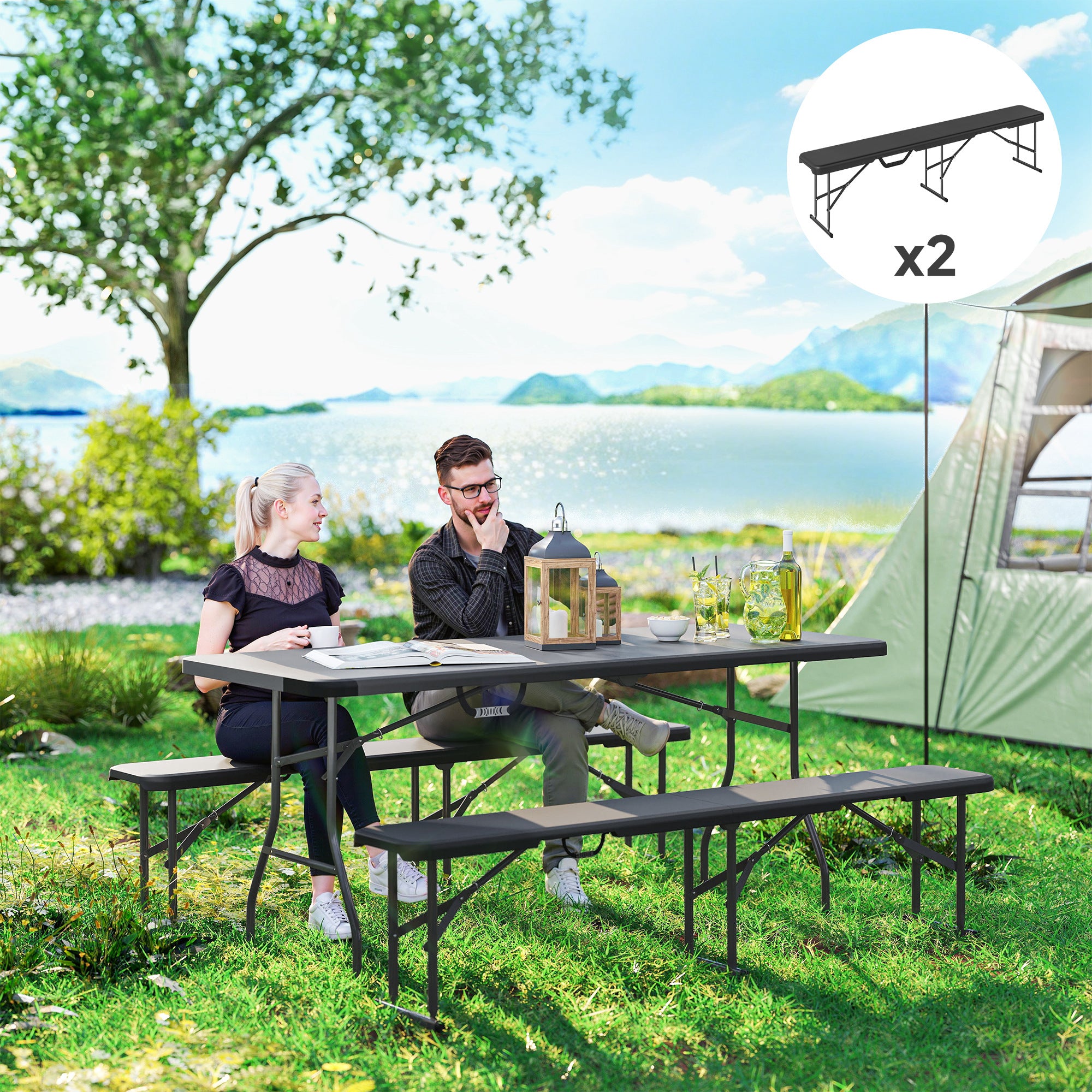 2 Pack 6 ft Portable Foldable Bench Seats, Plastic Folding Benches with Carrying Handle for Camping, Black
