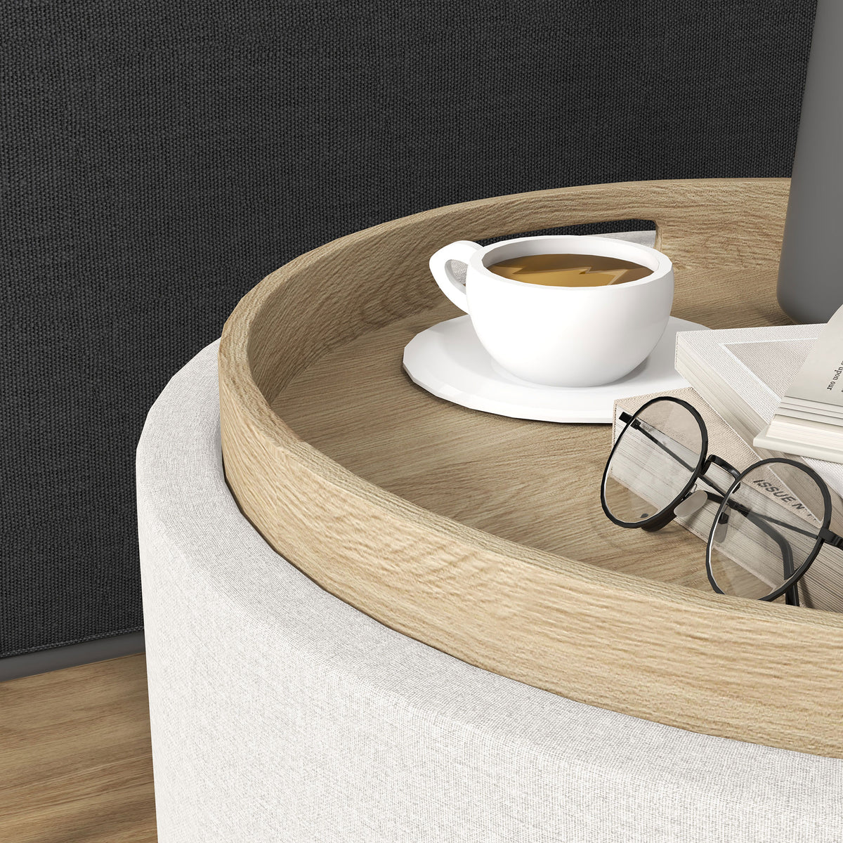 Round Storage Ottoman Coffee Table with Flip Top Tray, Linen Fabric Upholstered Footstool with Hidden Compartment