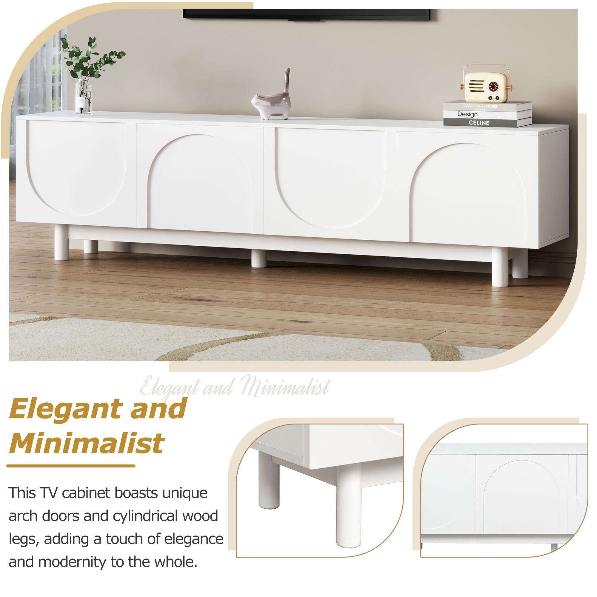 Graceful TV Stand with Arch Cabinets for TVs Up to 78", Minimalist Entertainment Center with Adjustable Shelves and Cable Management, White
