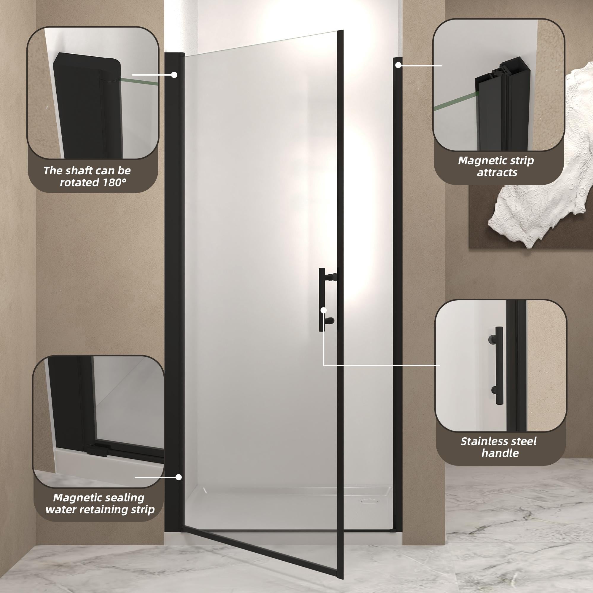 36" Pivot Shower Door with Protective Safety Film and Raised Water-Stop Strip, Swinging Panel for Bathroom, 36" L x 0.5" W x 72" H, Matte Black