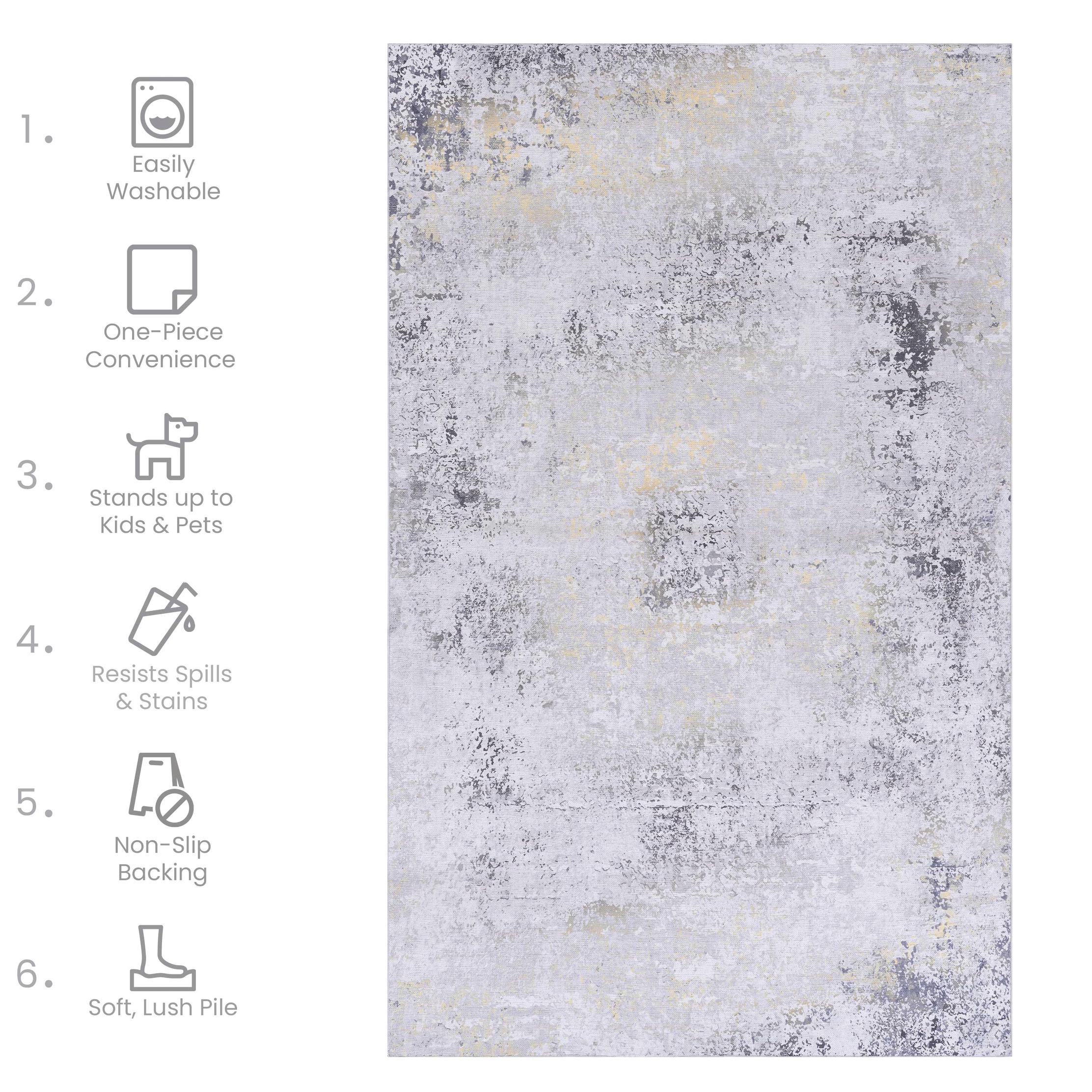 4x6 Non-Slip Machine Washable Area Rug with Low-Pile, Non-Shedding Kid and Pet Friendly Carpet, 48" L x 72" W x 0.15" H, Gray