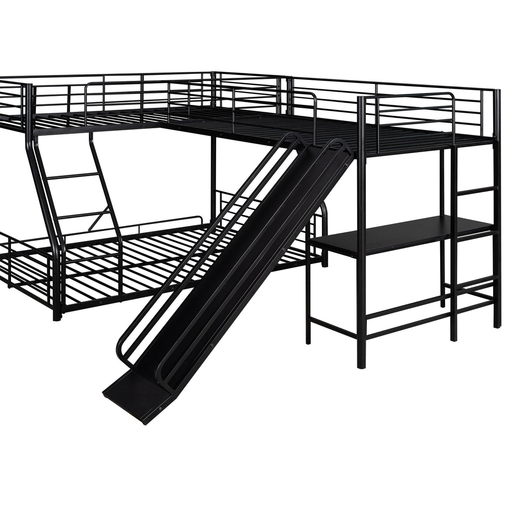 L-Shaped Twin over Full Bunk Bed with Twin Loft, Built-in Desk, Slide, Metal Frame, 117.5" L x 77.5" W x 53" H, Black