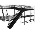L-Shaped Twin over Full Bunk Bed with Twin Loft, Built-in Desk, Slide, Metal Frame, 117.5" L x 77.5" W x 53" H, Black