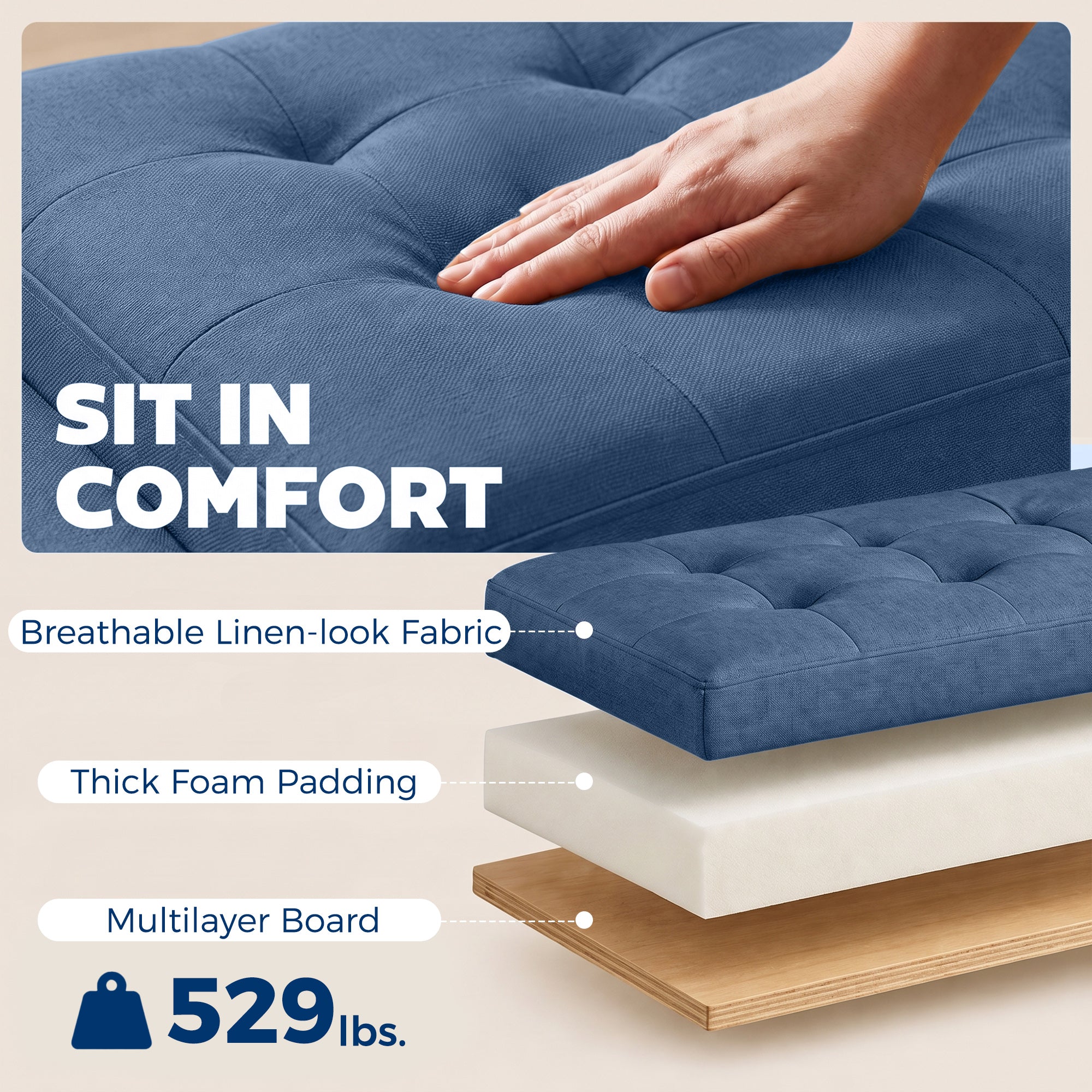 Storage Ottoman, Storage Bench with Wooden Legs, Tufted Armrests for Entryway, Living Room, Bedroom, 36.6", Blue