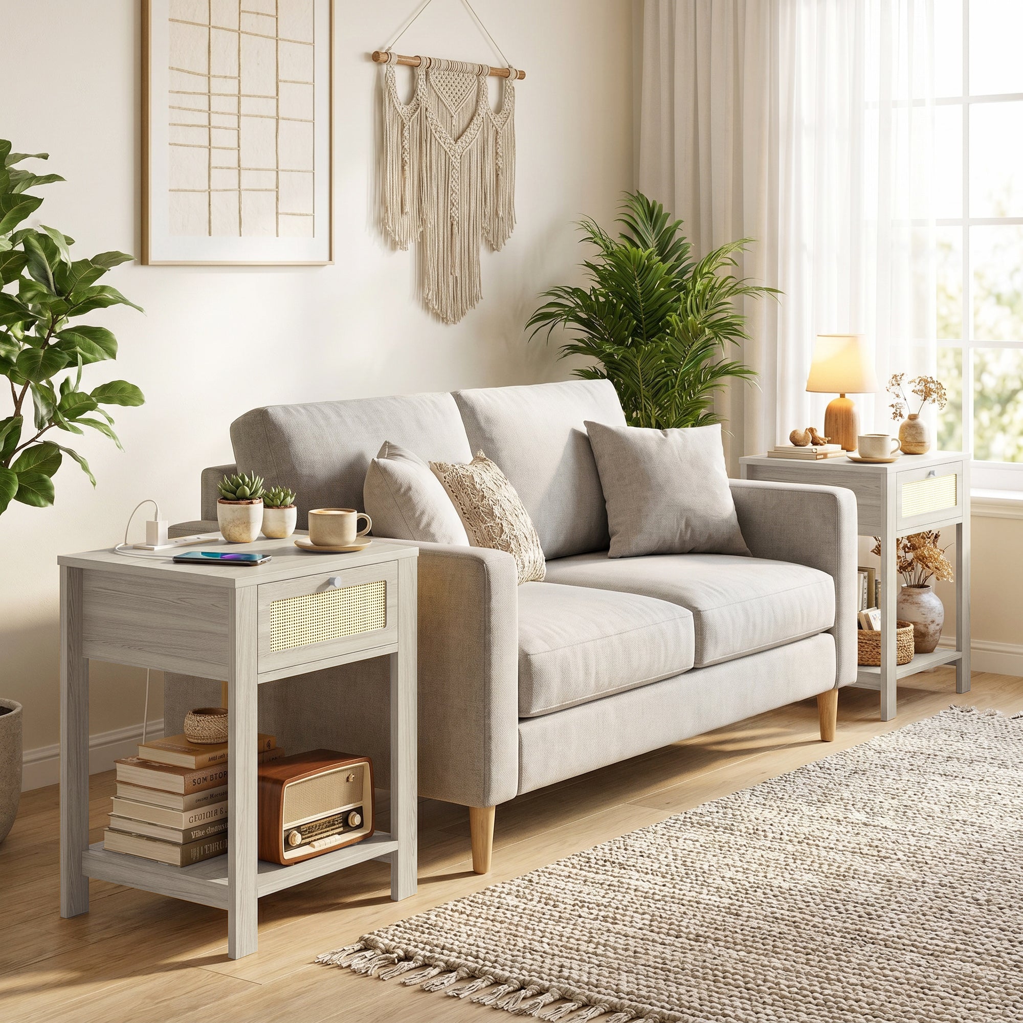 Boho Side Tables Set of 2 with Charging Station, End Tables with Drawer and Open Shelf for Living Room, Natural Wood