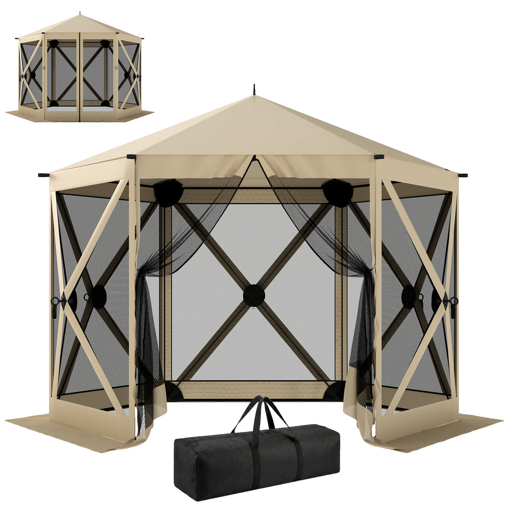 10 x 11 ft Pop Up Gazebo Screen Tent, Portable Instant Camping Canopy Screen House with Nettings, Carry Bag, Beige