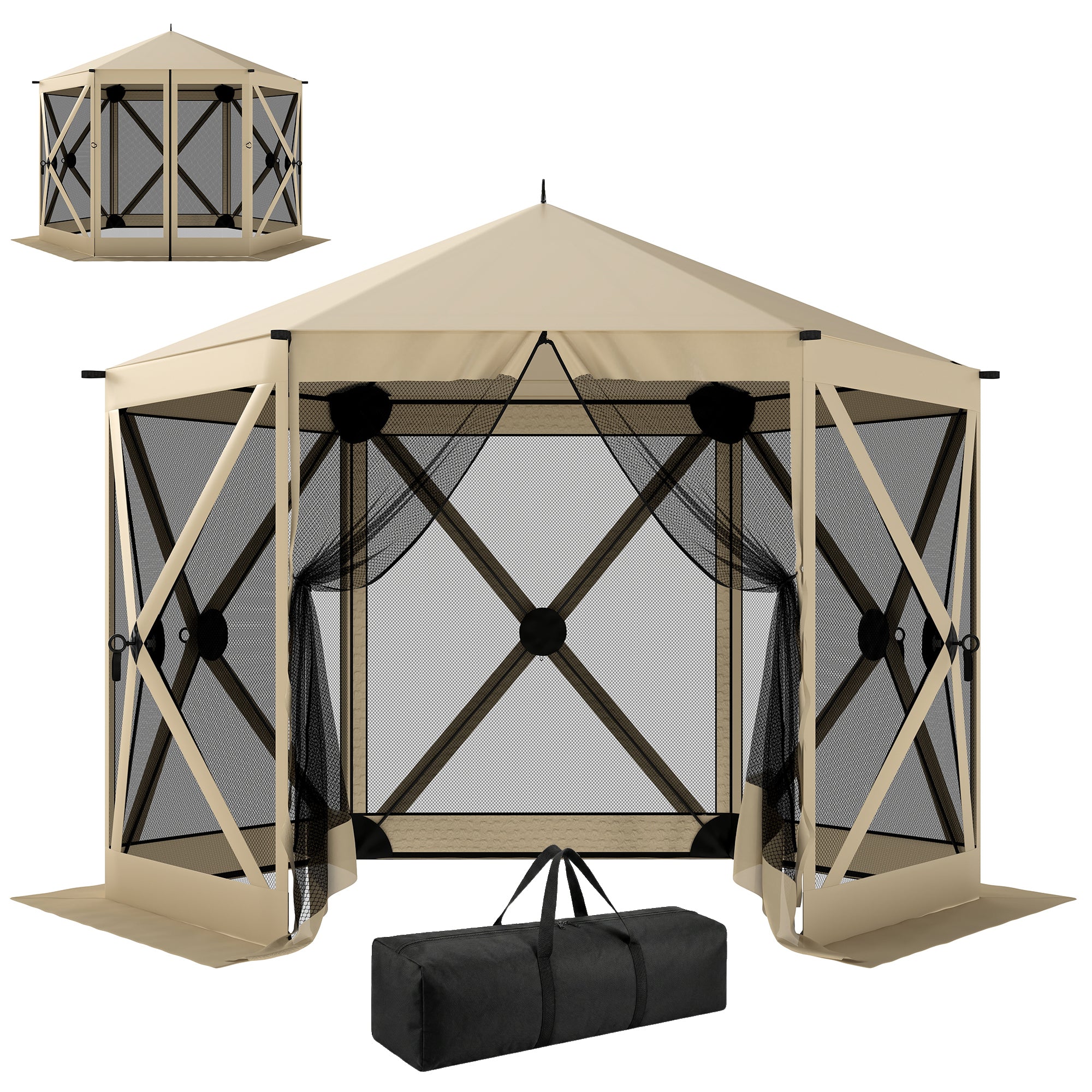 10 x 11 ft Pop Up Gazebo Screen Tent, Portable Instant Camping Canopy Screen House with Nettings, Carry Bag, Beige