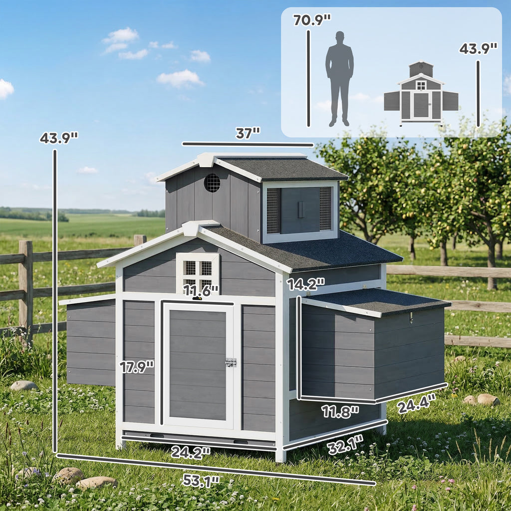 Chicken Coop for 2 Chickens, Wooden Hen House with Nesting Box, Pull-Out Tray, Ventilation Windows