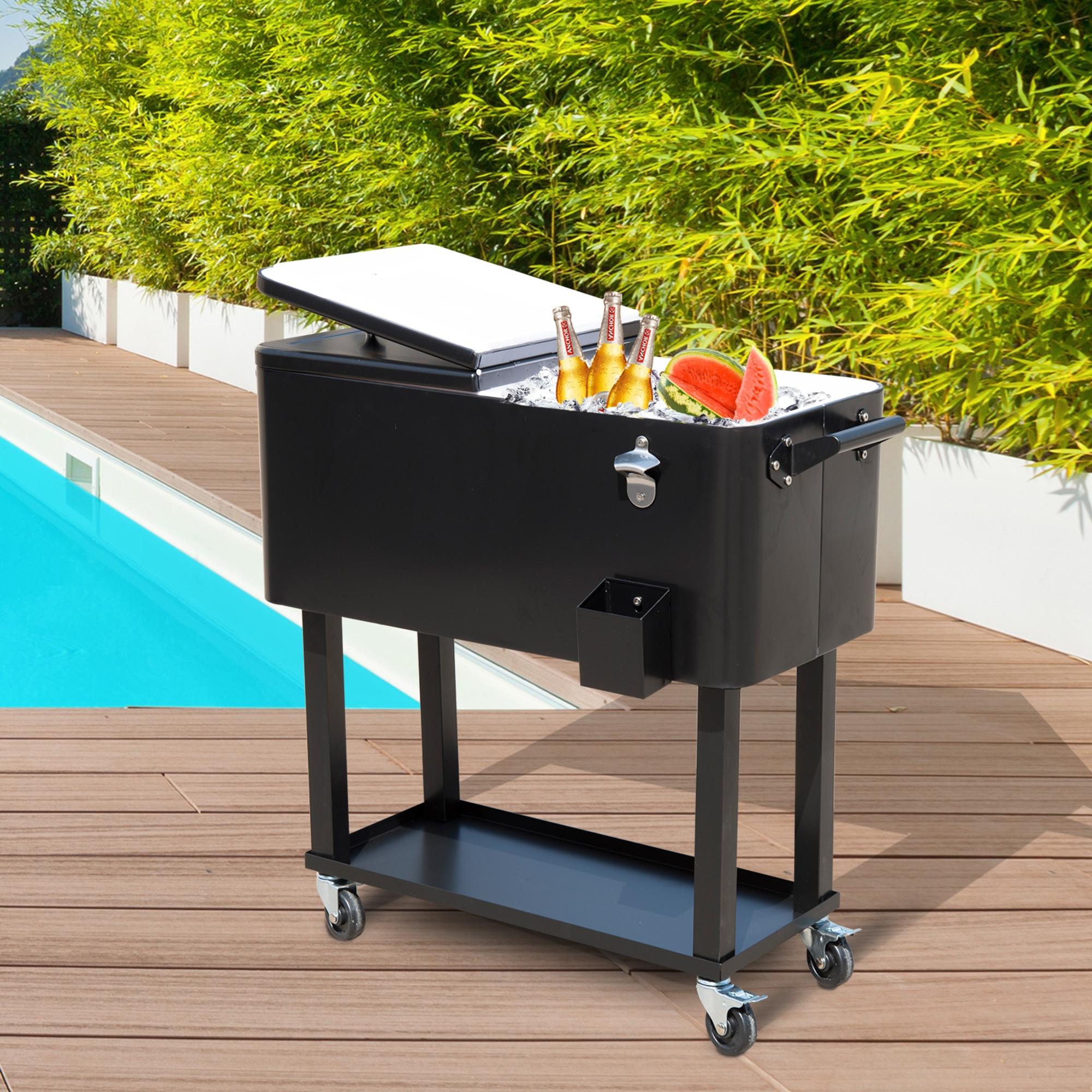 80 QT Rolling Cooling Bins Ice Chest on Wheels Outdoor Stand Up Drink Cooler Cart for Party, Black