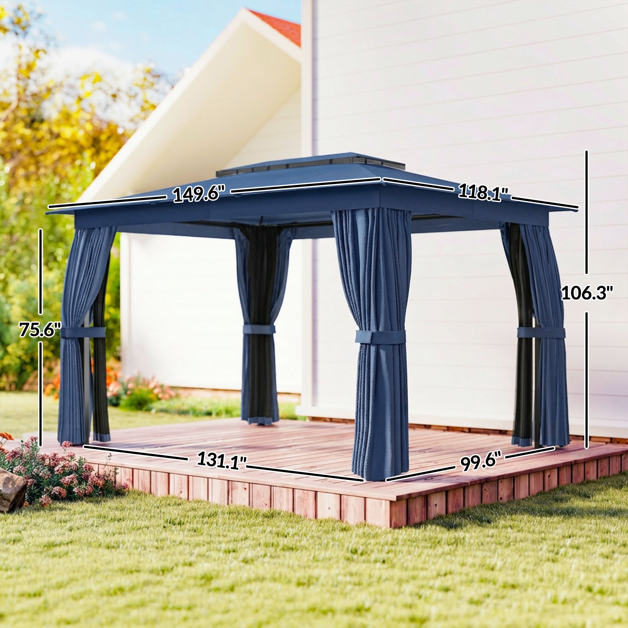 10' x 12' Outdoor Patio Gazebo, Soft Top Gazebo Canopy Shelter with Curtains, Netting, Steel Frame, Hooks, Blue
