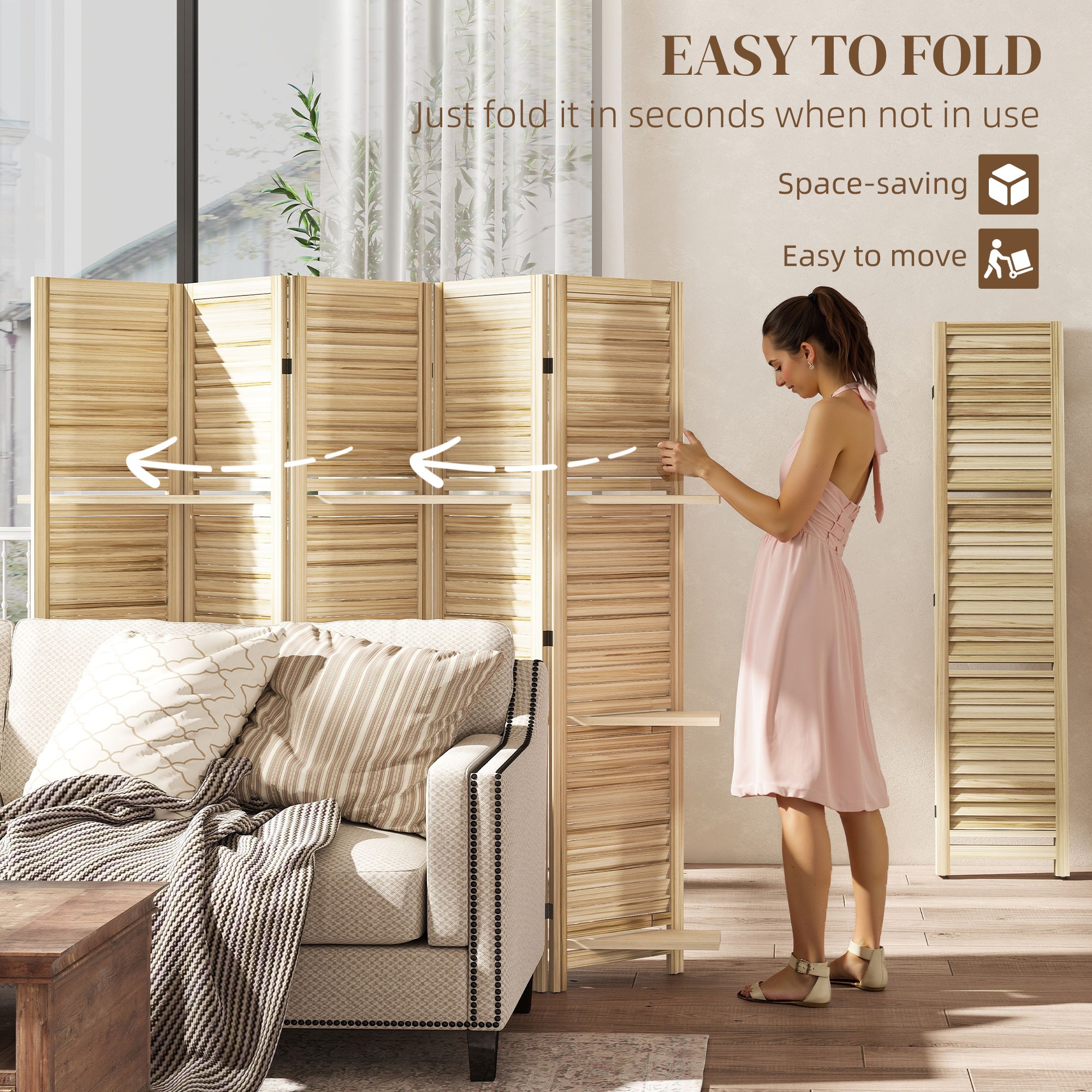5 Panel 67" Tall Wood Privacy Screen Room Divider with 3 Shelves and Folding Storage for Bedroom, Natural Wood