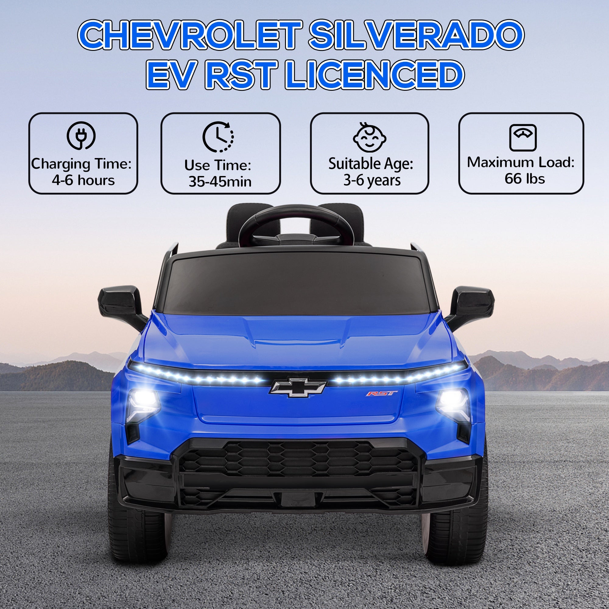 12V Silverado EV RST Licensed Kids Electric Car with Parent Remote Control, Spring Suspension, Blue