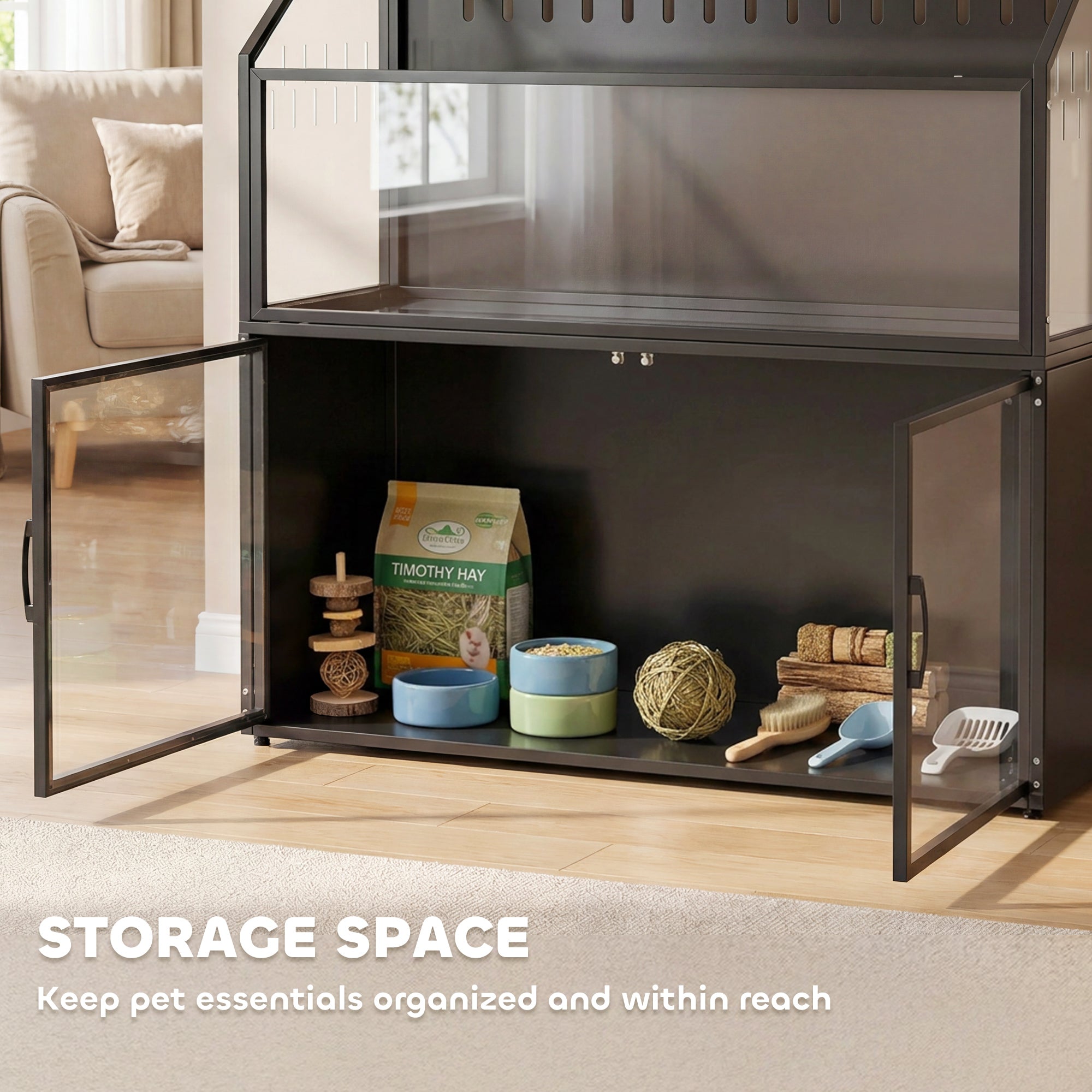 Hamster Cage with Storage Cabinet, Small Animal Cage with Easy View Acrylic Panels and Openable Top, Guinea Pig Habitat