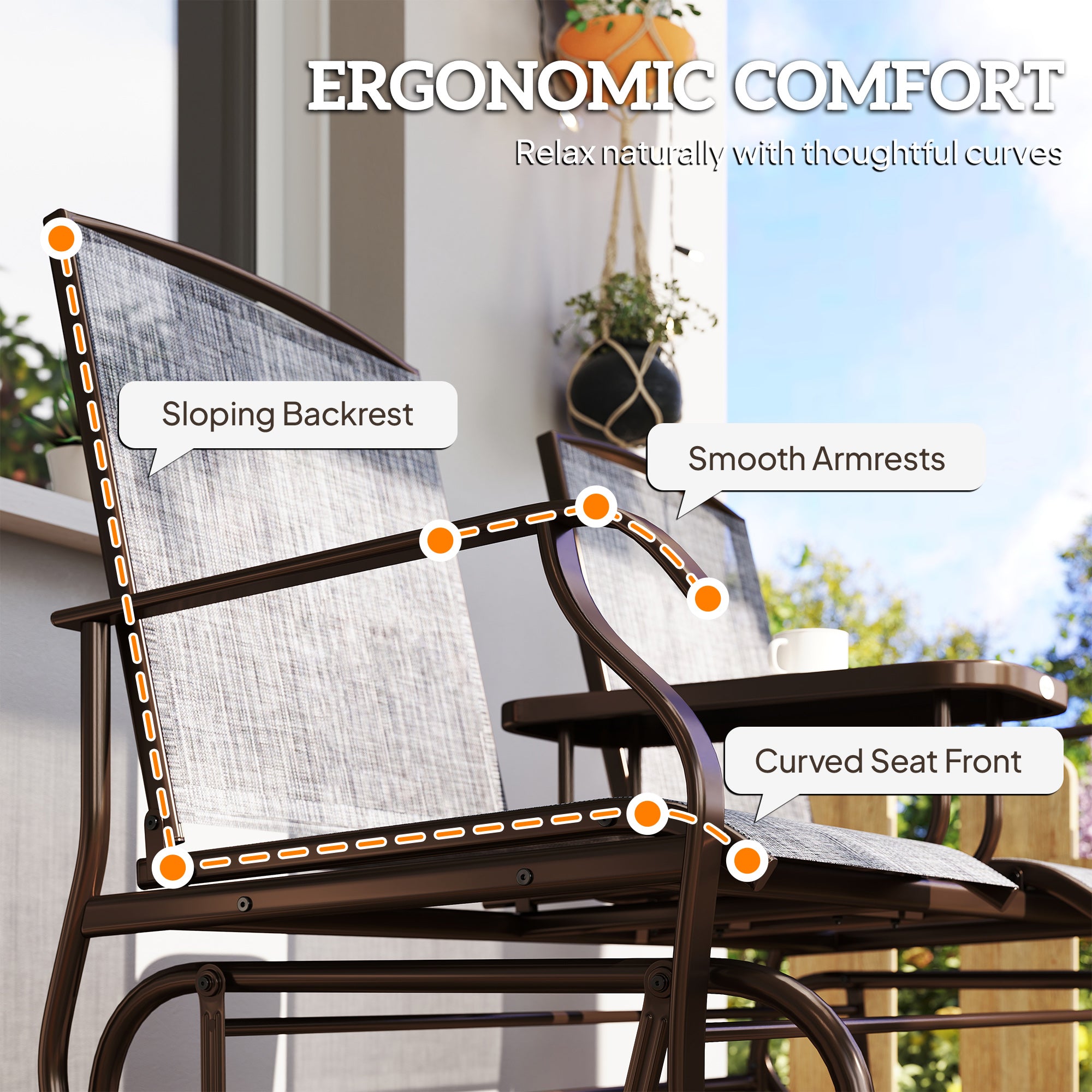 2-Seat Outdoor Glider Swing, Center Coffee Table and Independent Chairs, Supports Up to 352 lbs., Loveseat with Breathable Sling for Backyard, Garden, and Porch, Brown