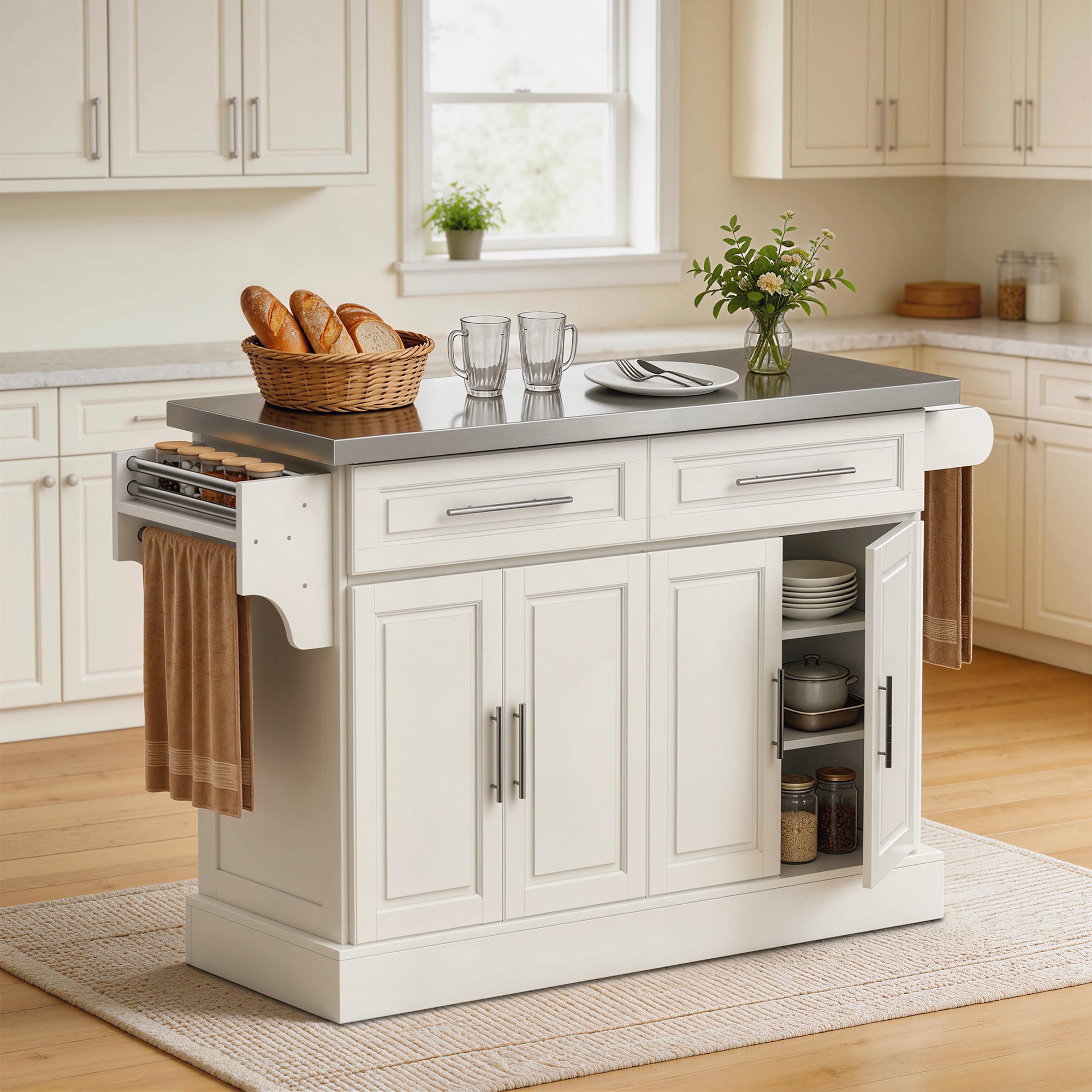 Rolling Kitchen Island with Stainless Steel Top, 2 Drawers, Spice, Knife and Towel Rack and Cabinets, Cream White