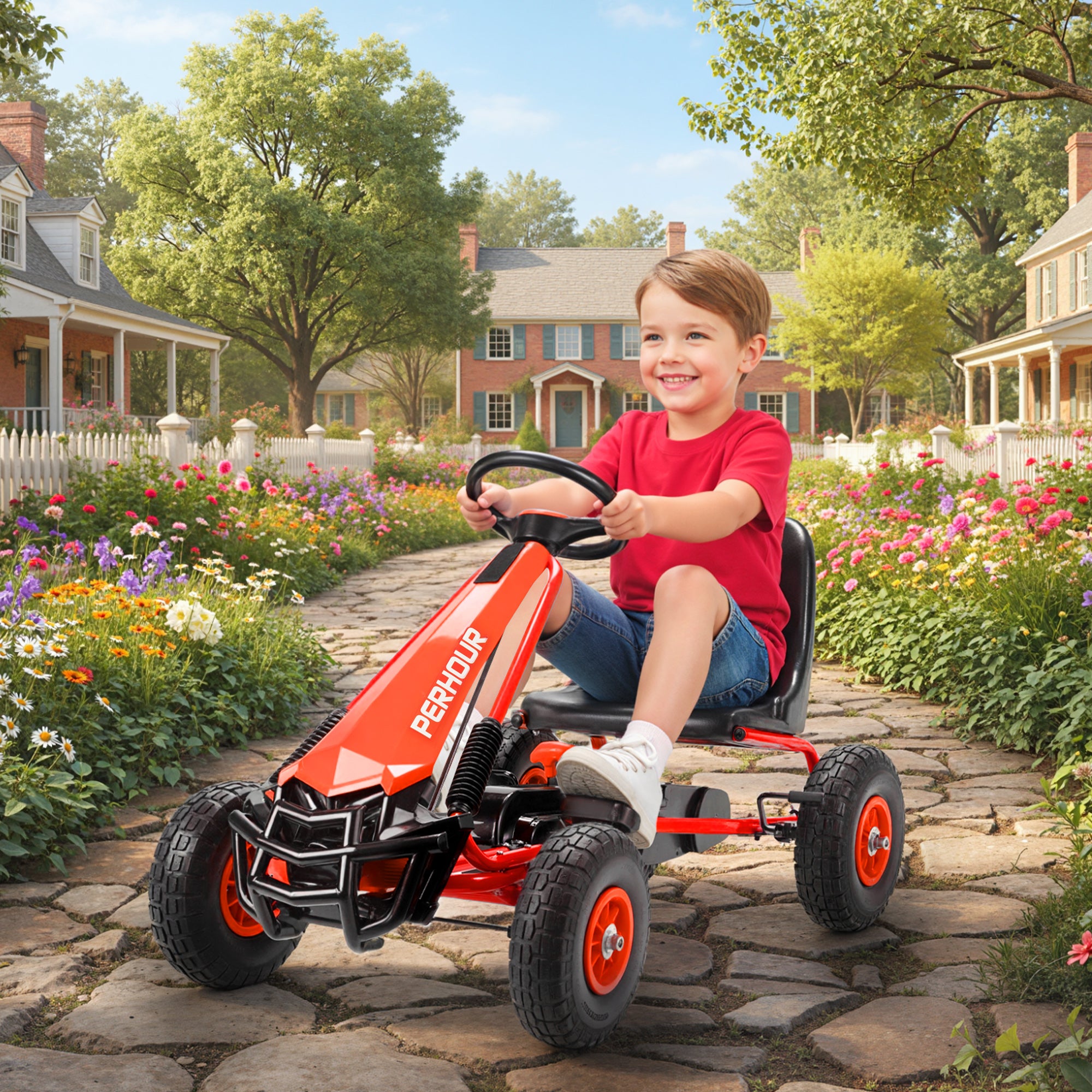 Kids Go Kart, Pedal Car with Adjustable Seat, EVA Wheels, Brake, for Boys & Girls Aged 3-8 Years Old, Red