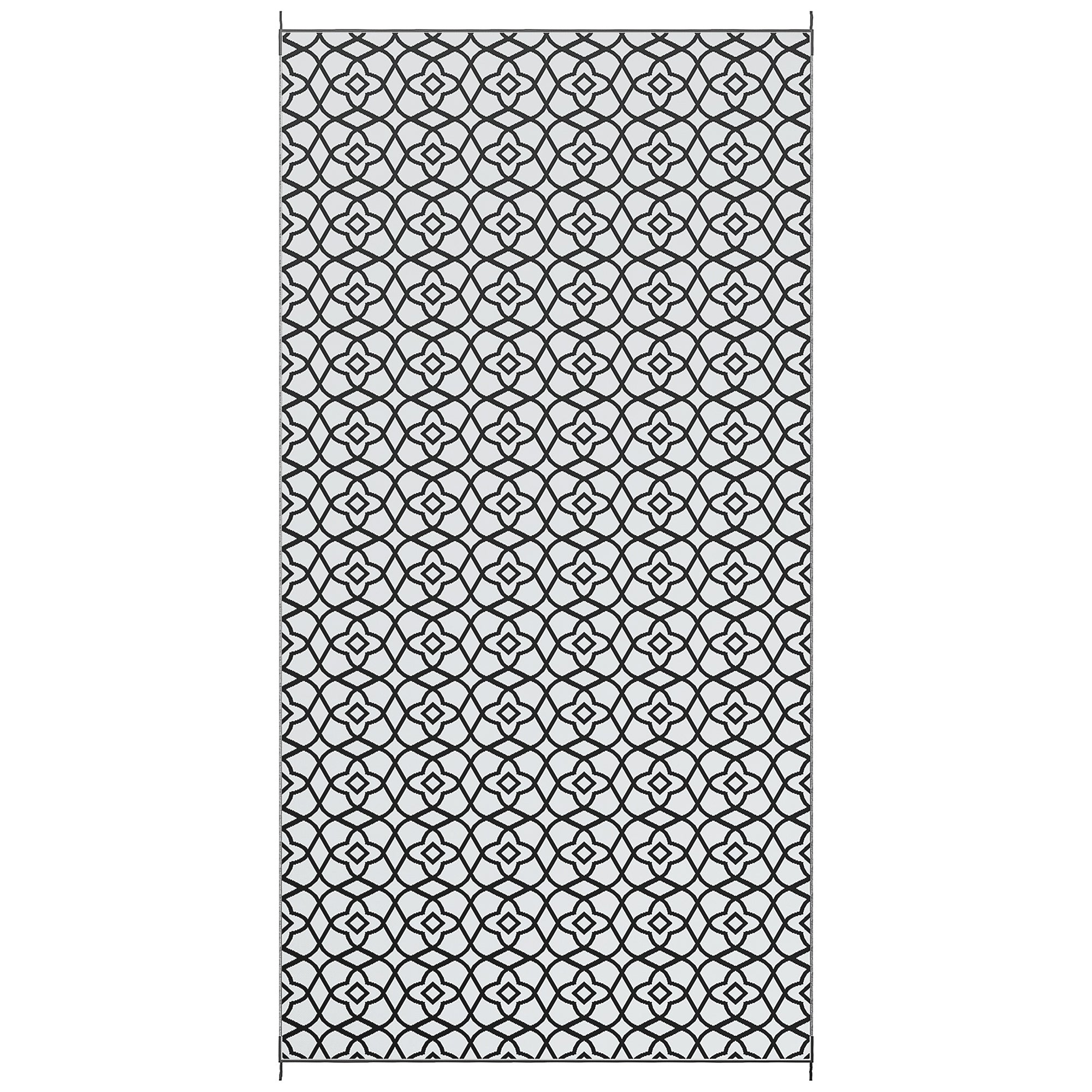 Reversible Outdoor Rug Carpet RV Camping Rugs with Carry Bag, 9' x 18', Black & White Clover