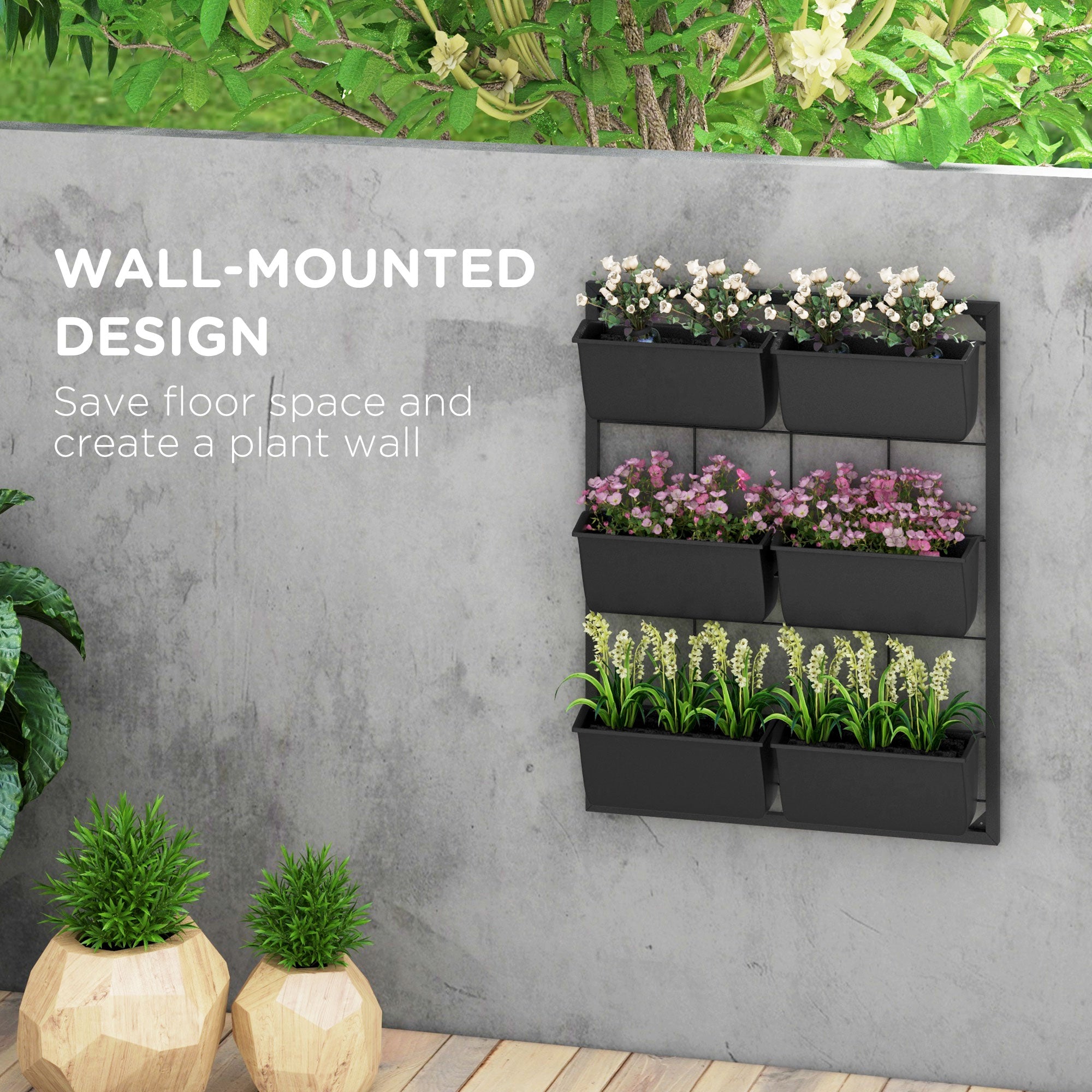 3-Tier Hanging Planter with 6 Pots for Indoor and Outdoor Use, Wall Planter, Self Draining & Wall Mounted, Black