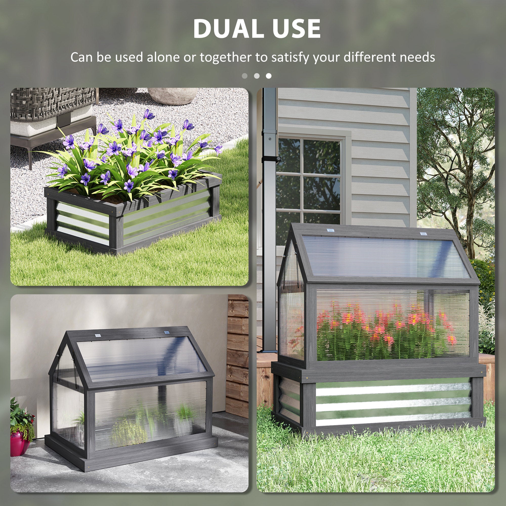 Raised Garden Flower Bed Kit with Greenhouse, Wooden Cold Frame Planter, 35.5" x 22.5" x 38.25", Gray