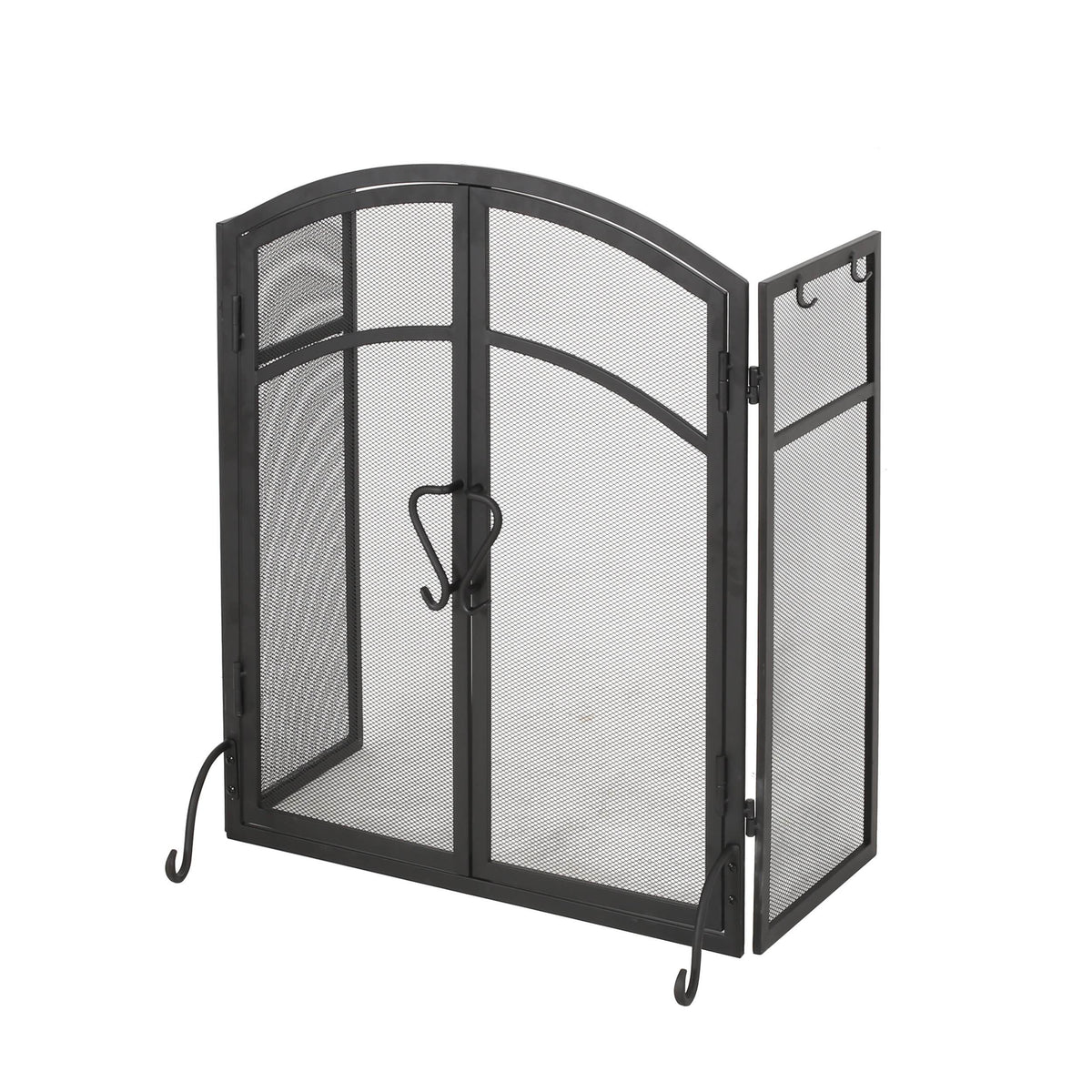 Iron Folding Fireplace Screen with Doors and 4-Piece Tool Set, Matte Finish, 50.5" x 5.5" x 32", Matte Black