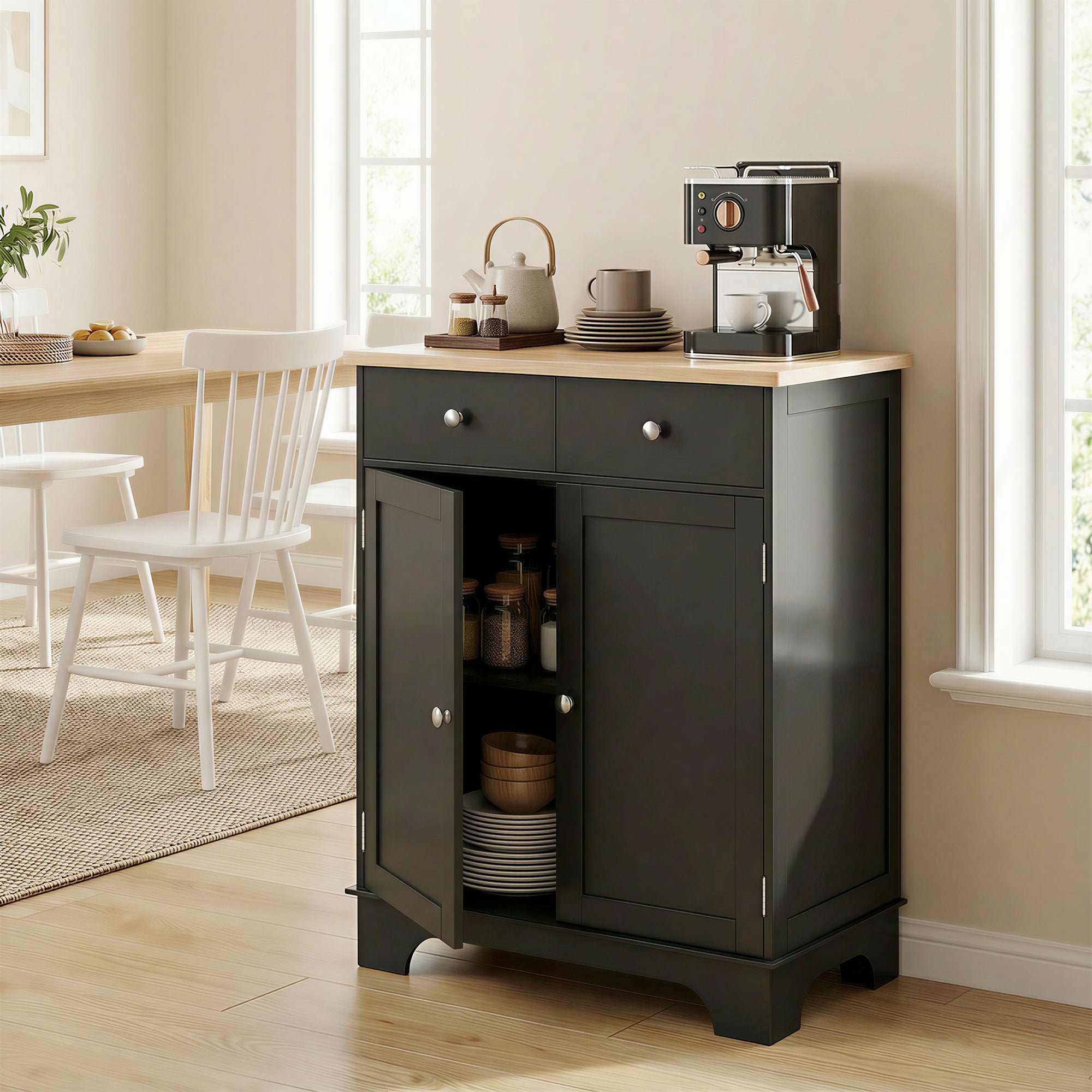 Kitchen Storage Cabinet, Sideboard Floor Cupboard with Solid Wood Top, Adjustable Shelf, and 2 Drawers, Black