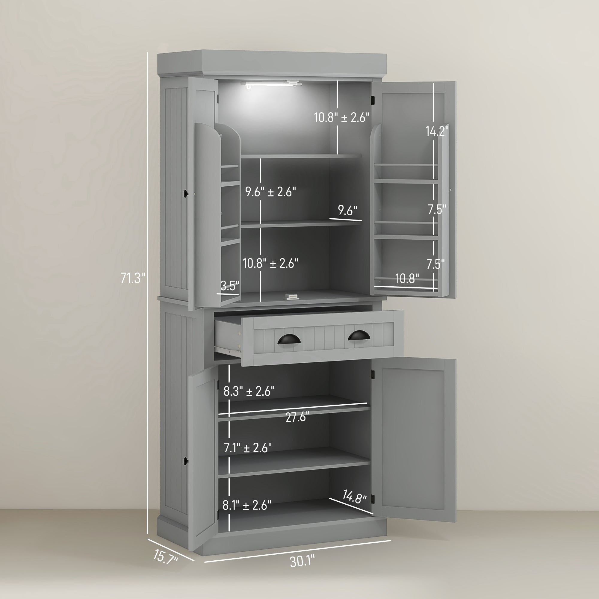 71" Kitchen Pantry Cabinet with LED Lights, 6 Door Shelves, a Drawer and 4 Adjustable Shelves, Gray