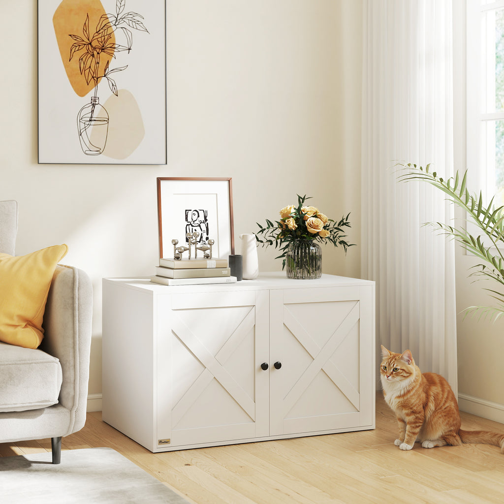 Cat Litter Box Enclosure with Barn Door, Cat Hole, 31.5" x 21" x 20", White