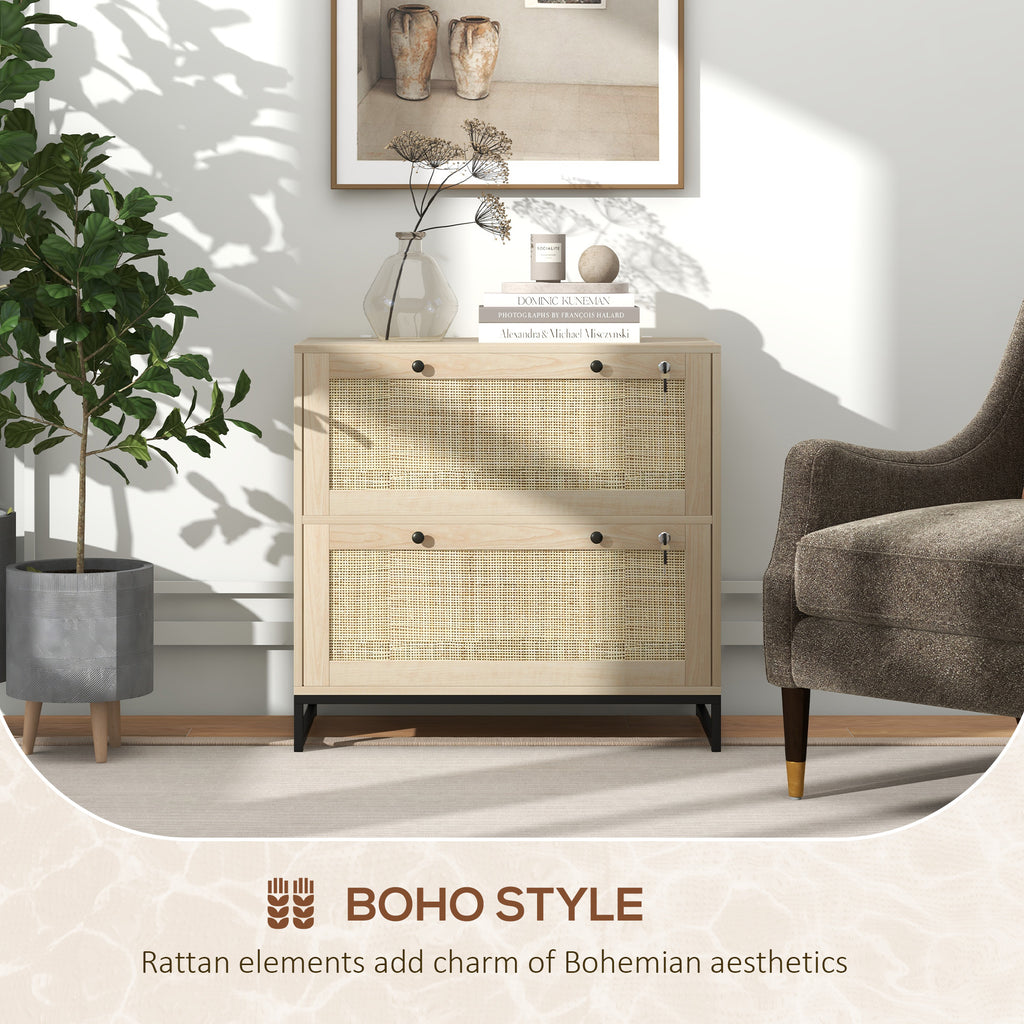 Lockable Filing Cabinet, Boho 2 Drawer File Cabinet with Adjustable Hanging Bar for Letter, A4 and Legal Size, Natural