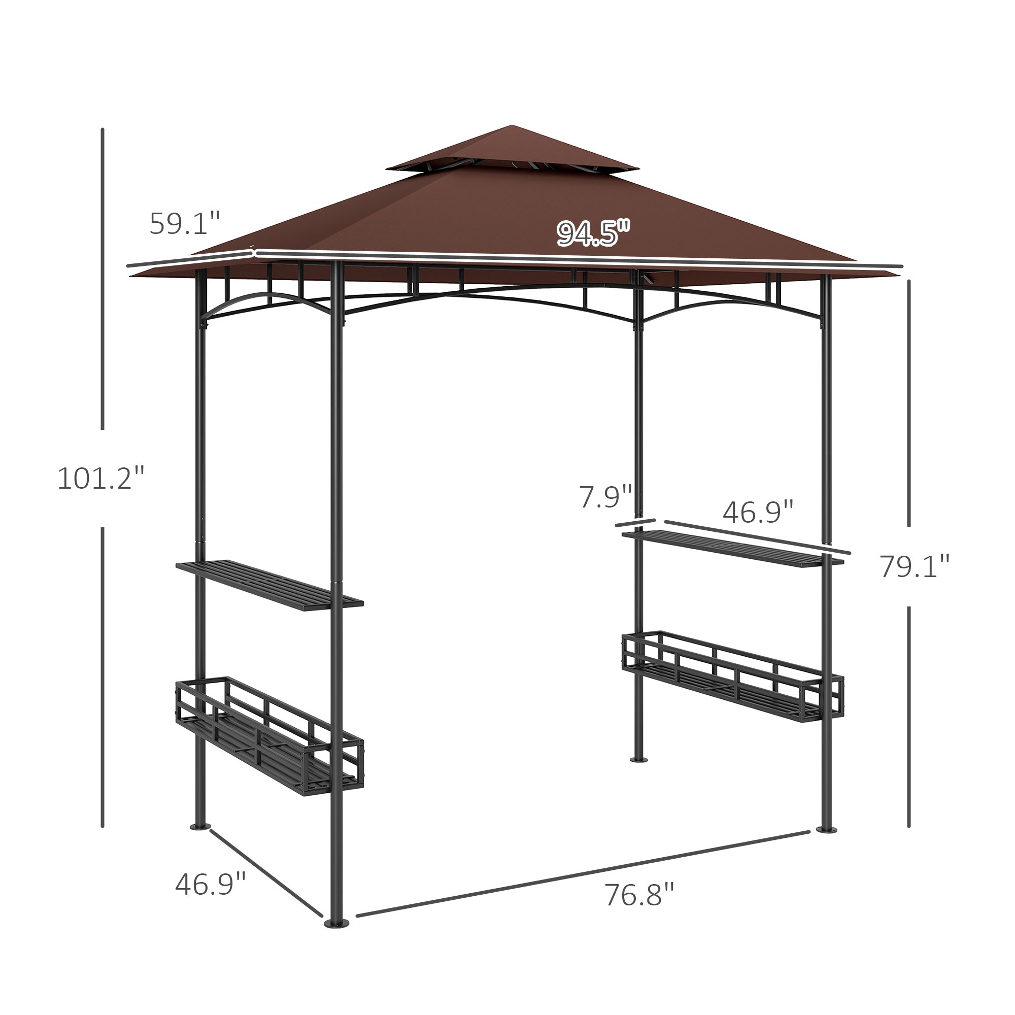 8' x 5' BBQ Grill Gazebo, 2-Tier Outdoor BBQ Gazebo with 2 Side Shelves, Storage Baskets, Ceiling Hook, Dark Brown