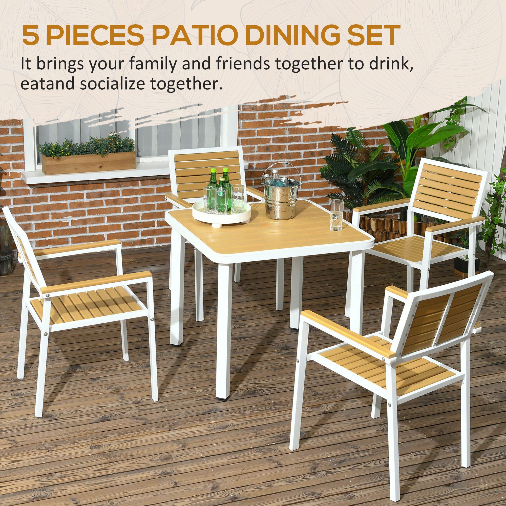 5pc Patio Table and Chairs Set, Aluminum Patio Dining Set w/ HDPE Materials, Umbrella Hole, Yellow
