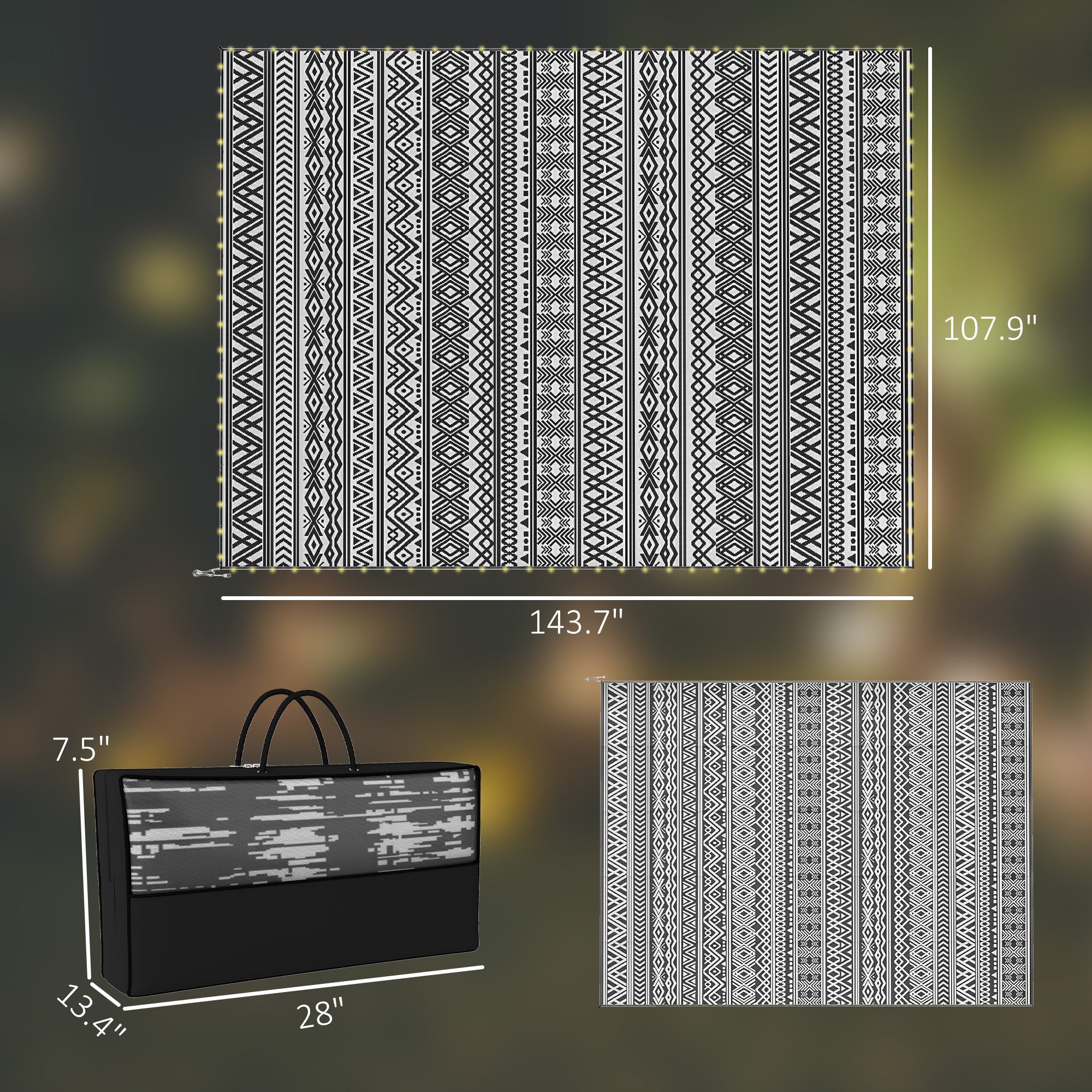 Outdoor Rug Carpet with USB Lights Reversible Patio Rug with Carry Bag for Camping 12' x 9'