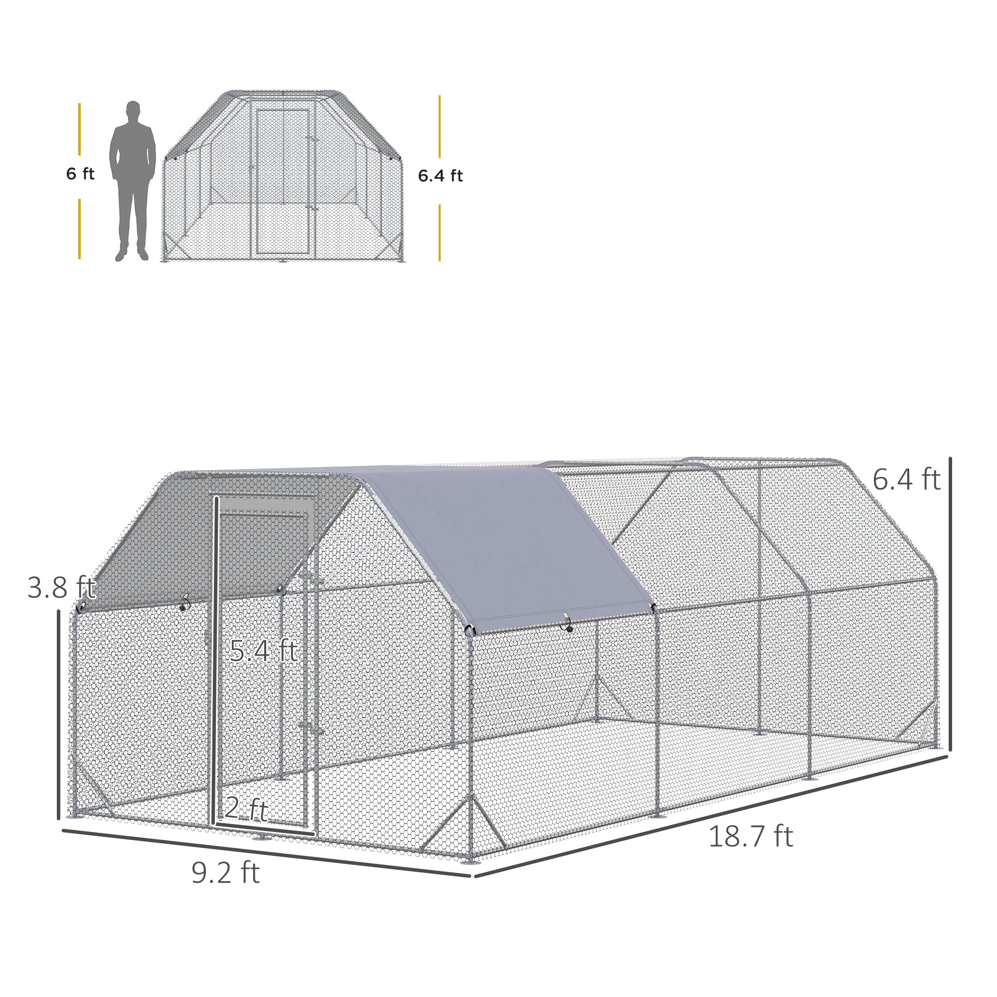 9.2' x 18.7' x 6.4' Large Chicken Coop Metal Chicken Run with Waterproof and Anti-UV Cover, Flat Shaped Walk in Fence Cage Hen House for Outdoor and Yard Farm Use, 1" Tube Diameter