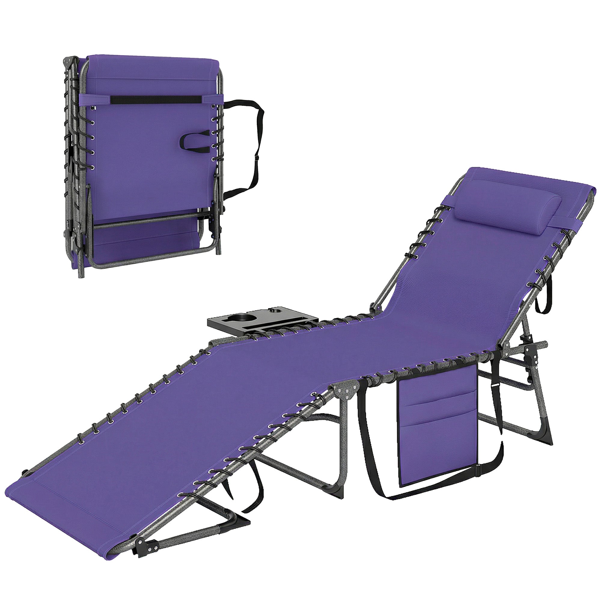 Folding Outdoor Chaise Lounge Chair Tanning Chair with 5-Level Adjustable Back, Side Table, Pillow, Pocket, Purple