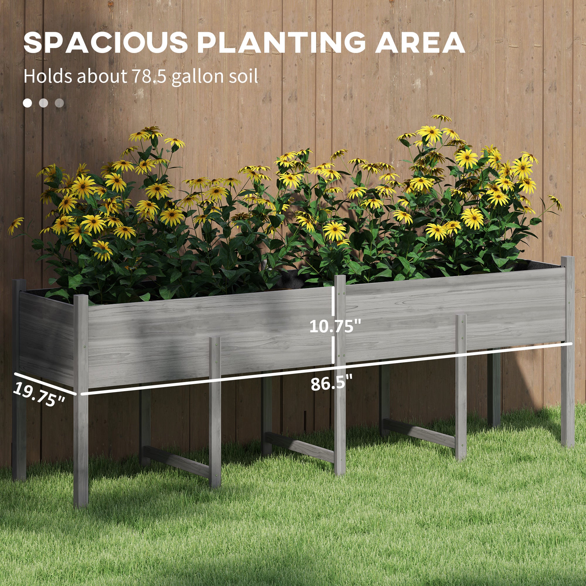 Wooden Raised Garden Bed, Large Elevated Planter Box with Legs, Bed Liner and Drain Holes, 7.4' x 1.8' x 2.6', Gray