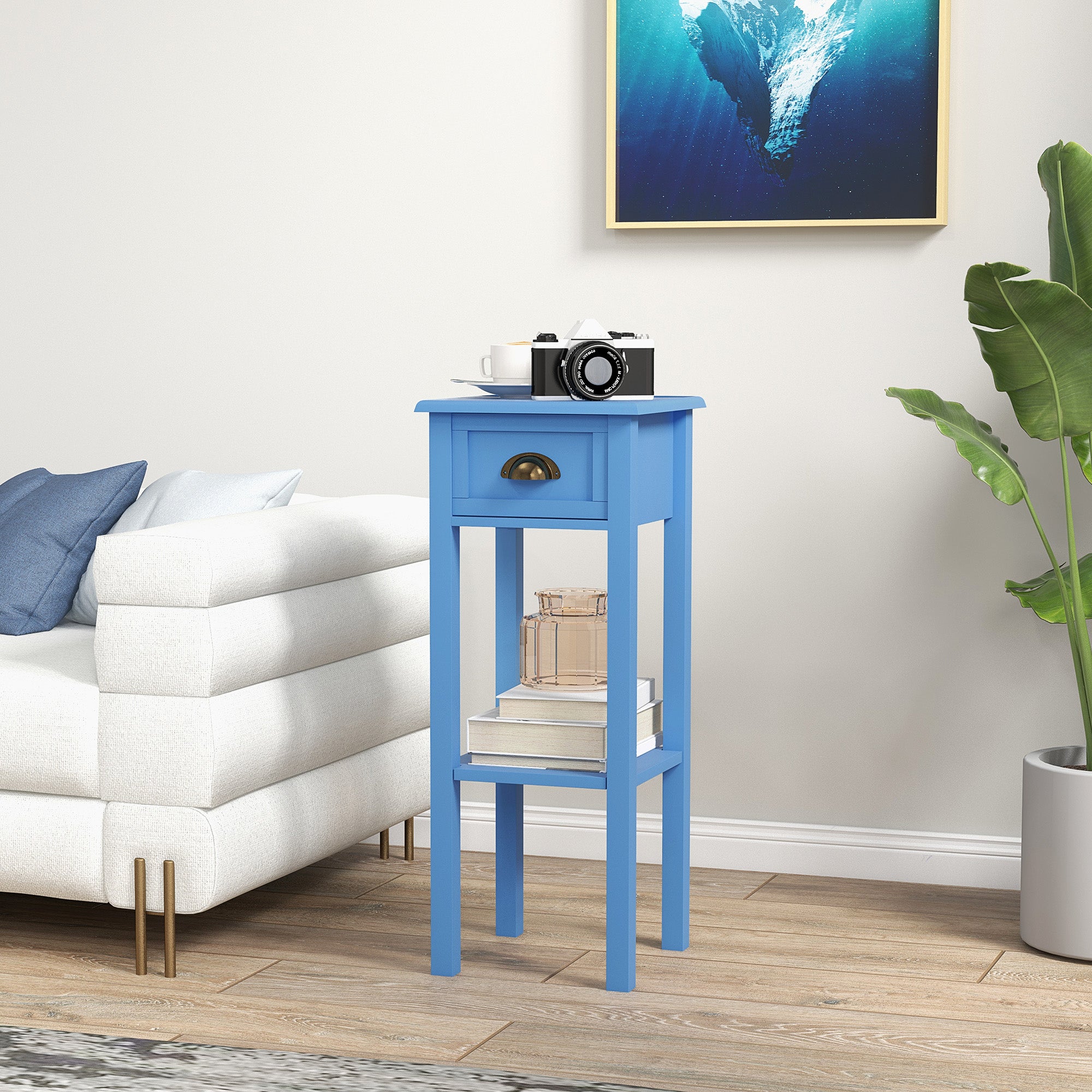 2-Tier Side Table with Drawer and Shelf, End Table for Living Room and Hallway, Light Blue