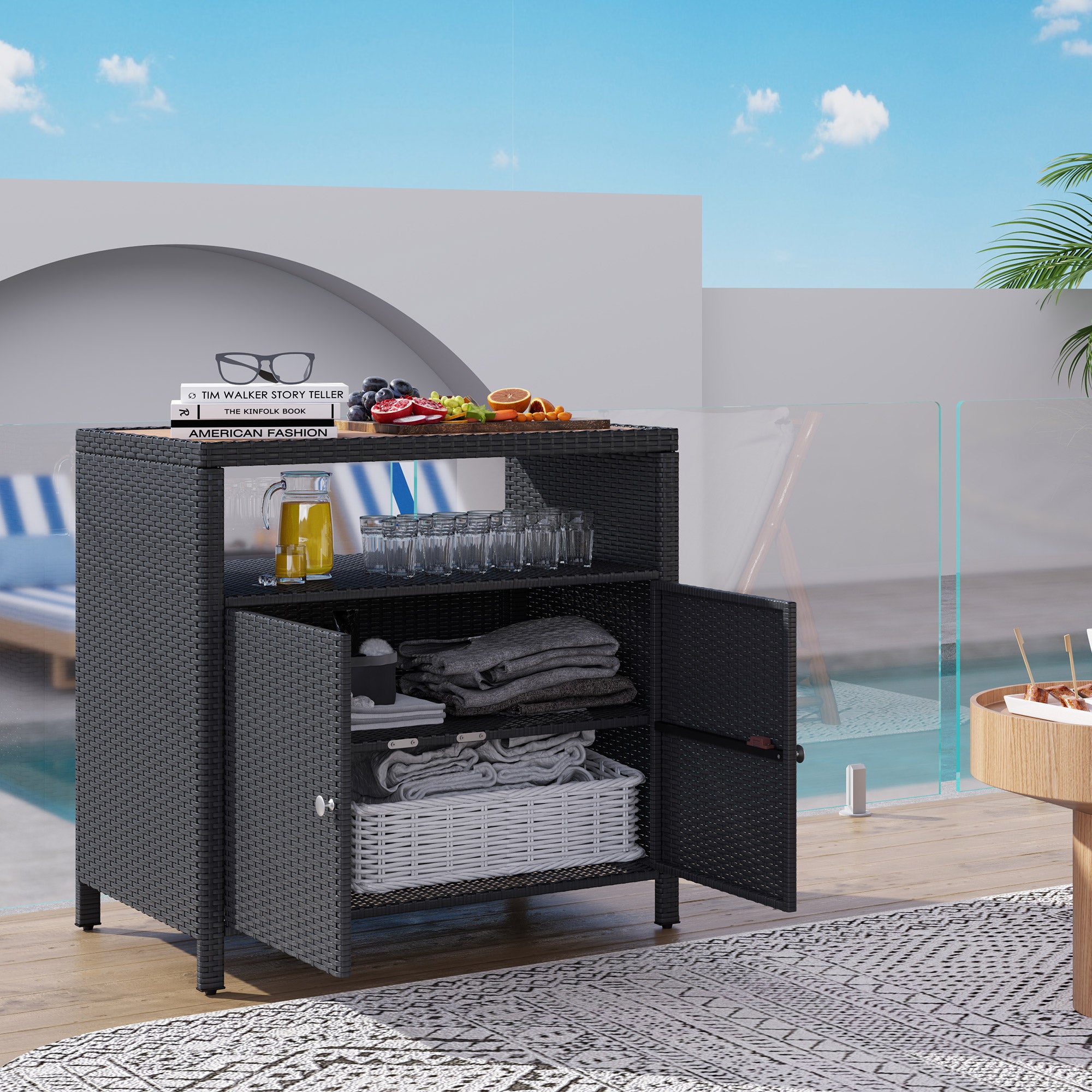Outdoor Storage Cabinet with Acacia Wood Top, Two Doors, Shelf, Wicker Bar Table for Pool Towel Storage, Black